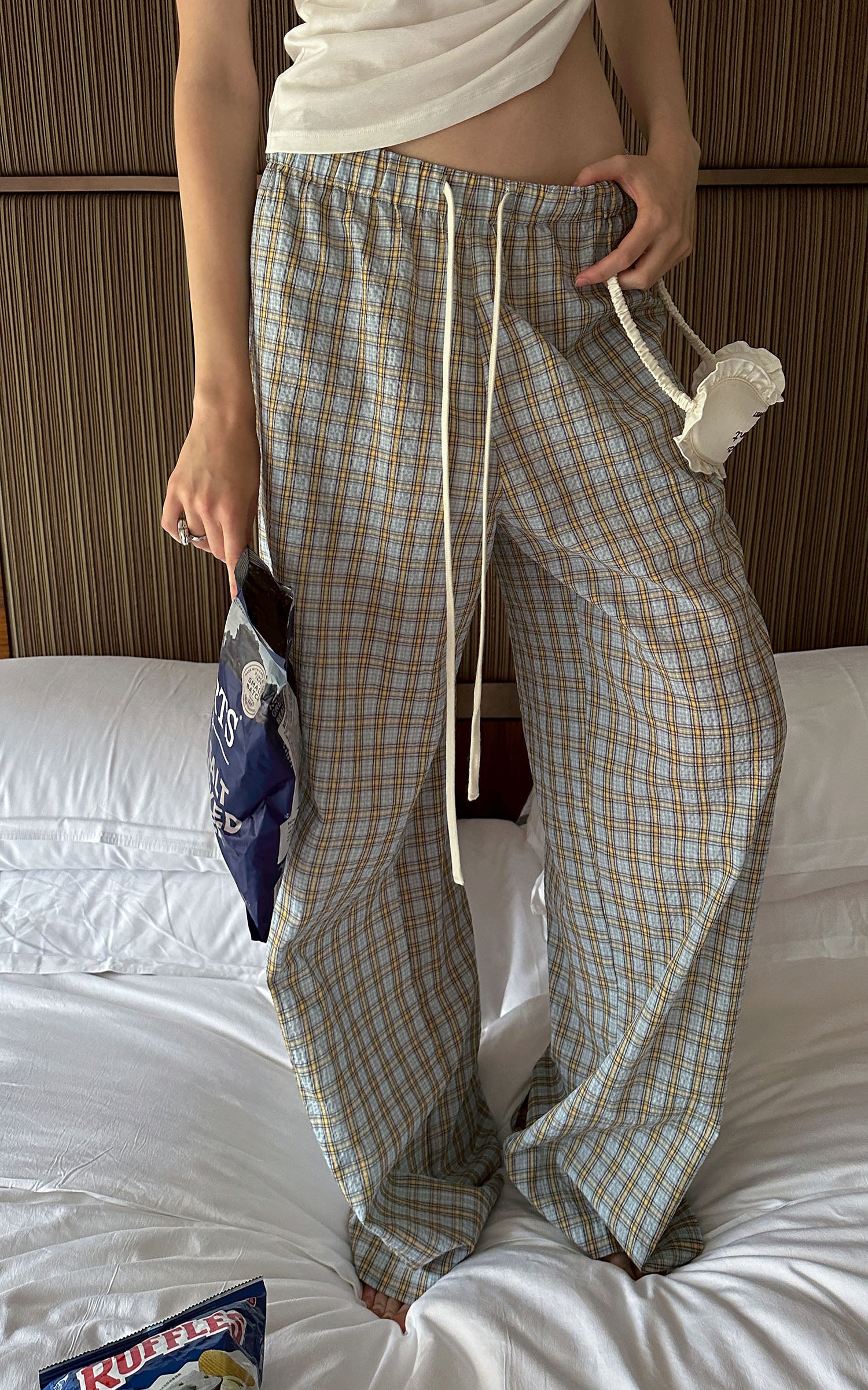 0122stepll Plaid Wide-Leg Drawstring Pants