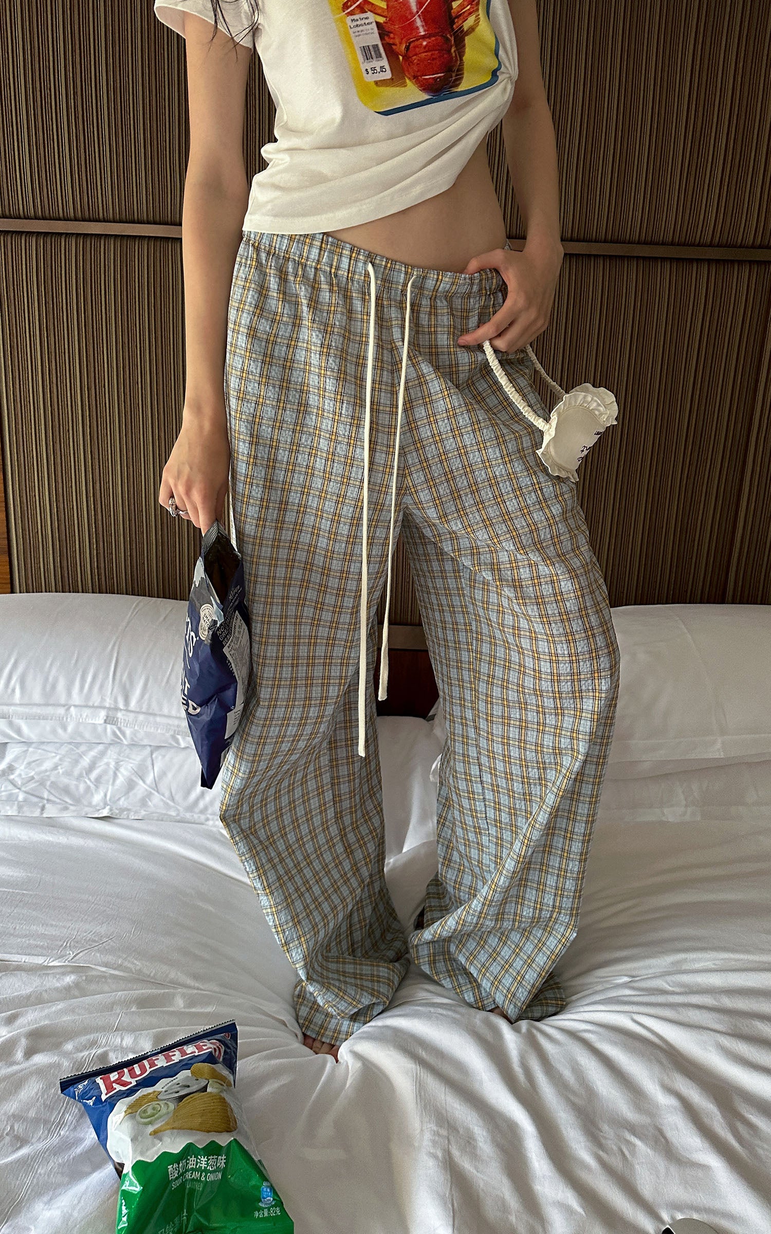 0122stepll Plaid Wide-Leg Drawstring Pants