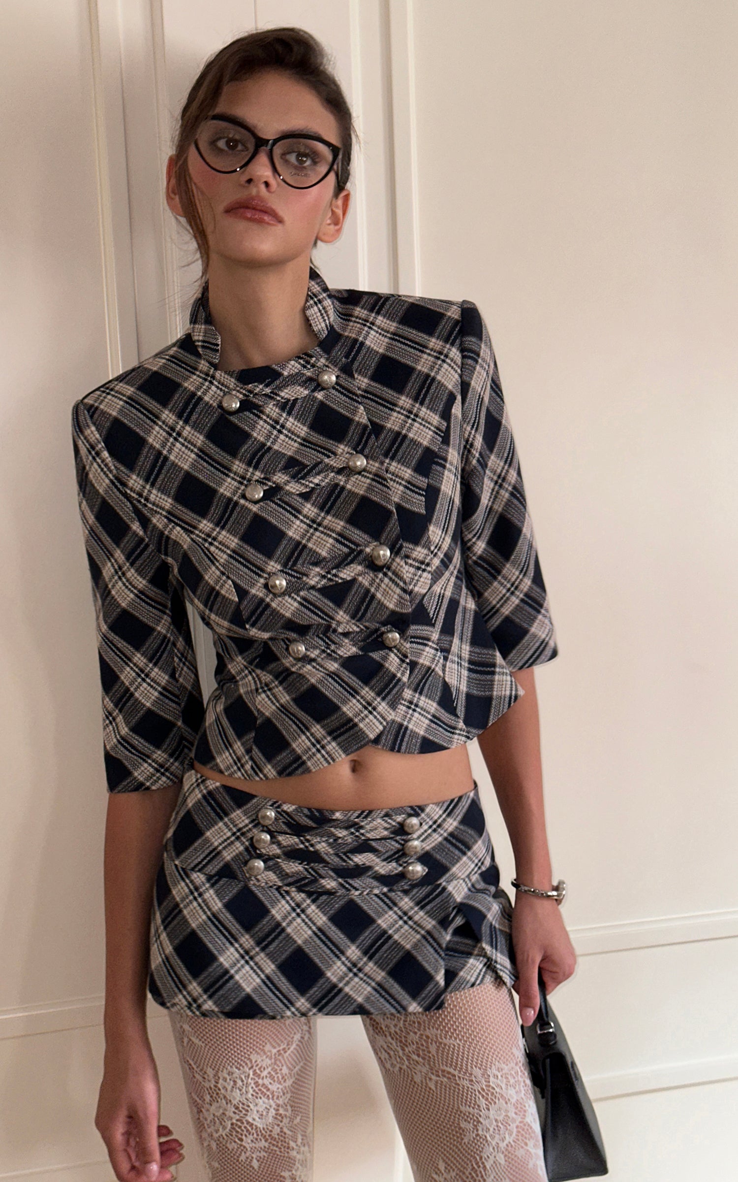 0122stepll Plaid Cropped Top &amp; Mini Skirt Set