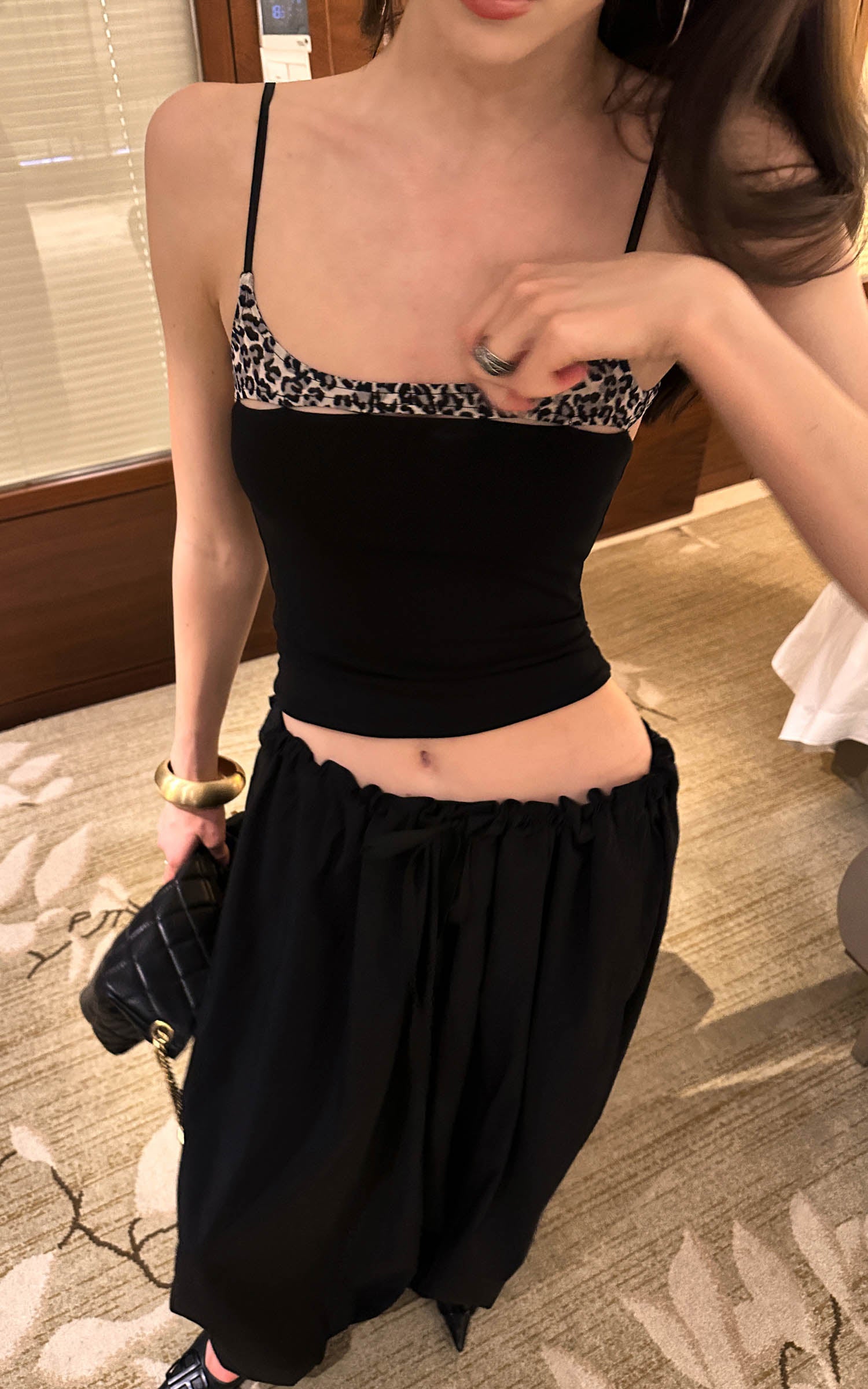 0122stepll Leopard Trim Slim Fit Spaghetti Strap Cami Top