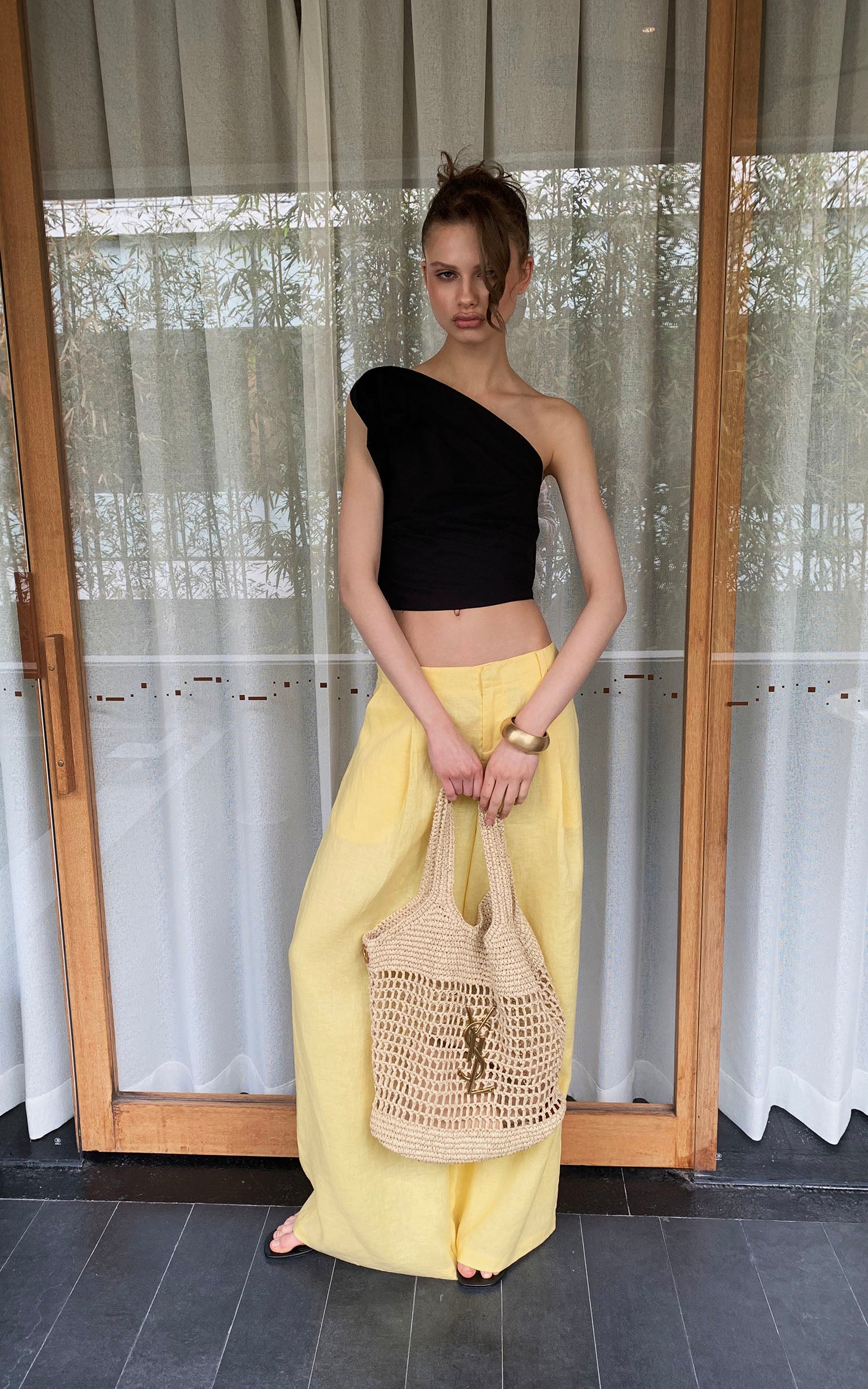 0122stepll Pantalon large taille haute effet lin