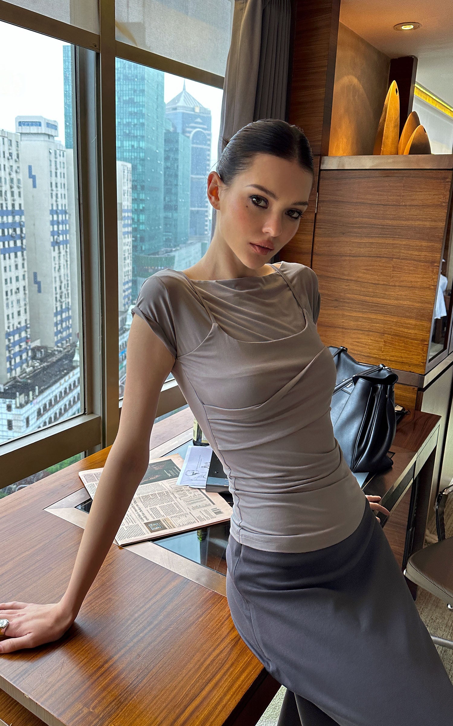 0122stepll Draped Ruched Slim Fit Top
