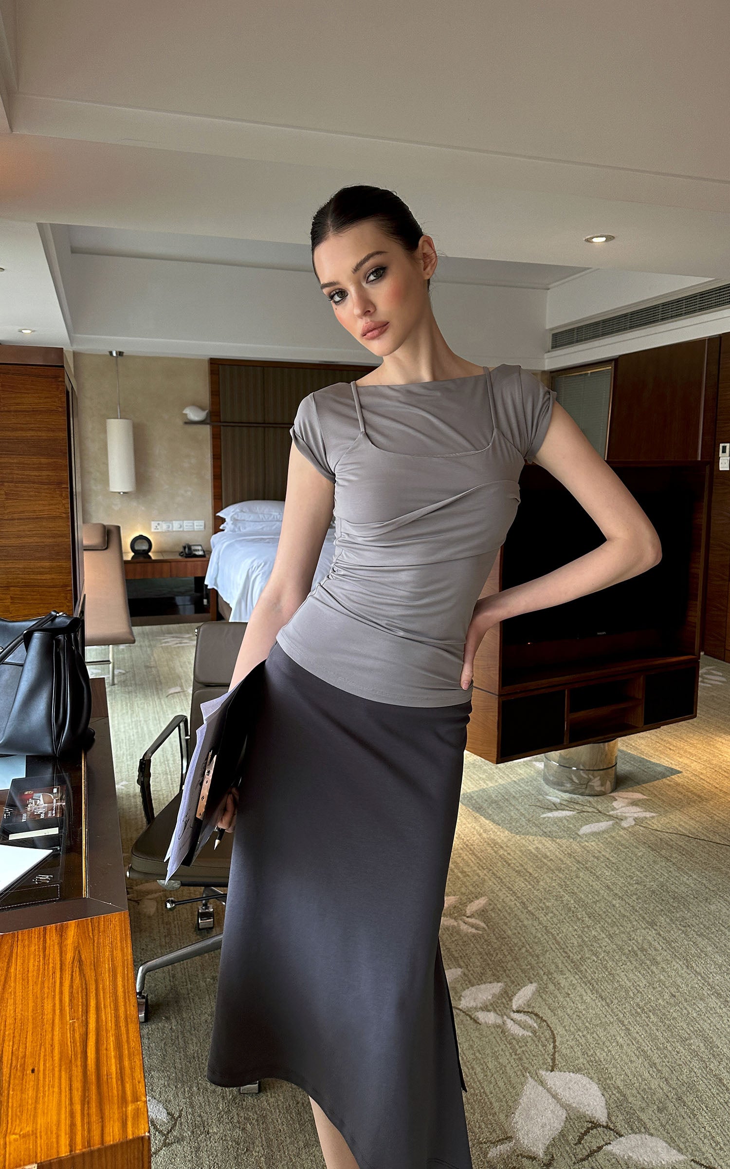 0122stepll Draped Ruched Slim Fit Top