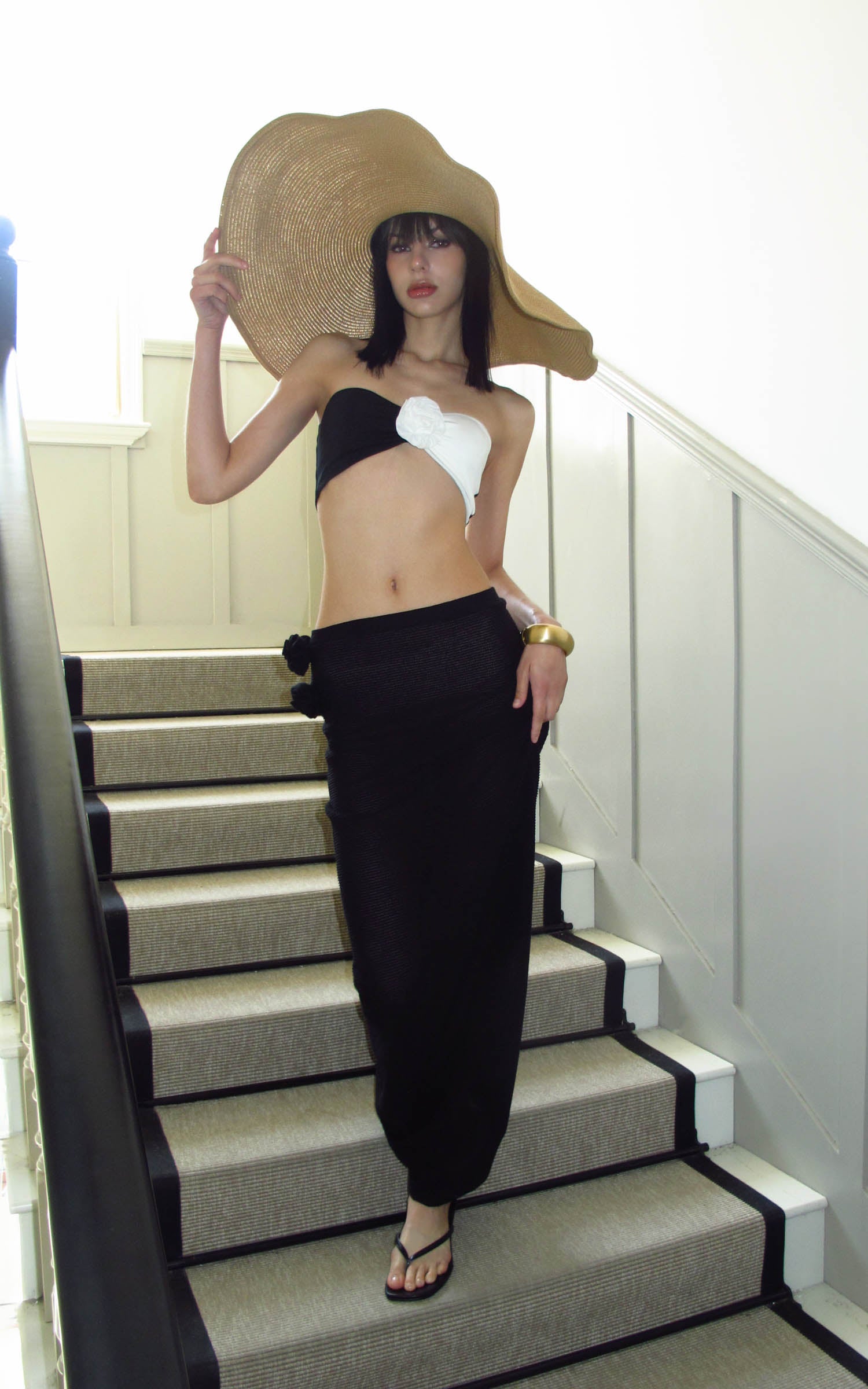 0122stepll Ensemble Bandeau Rose Contrasté &amp; Jupe Longue