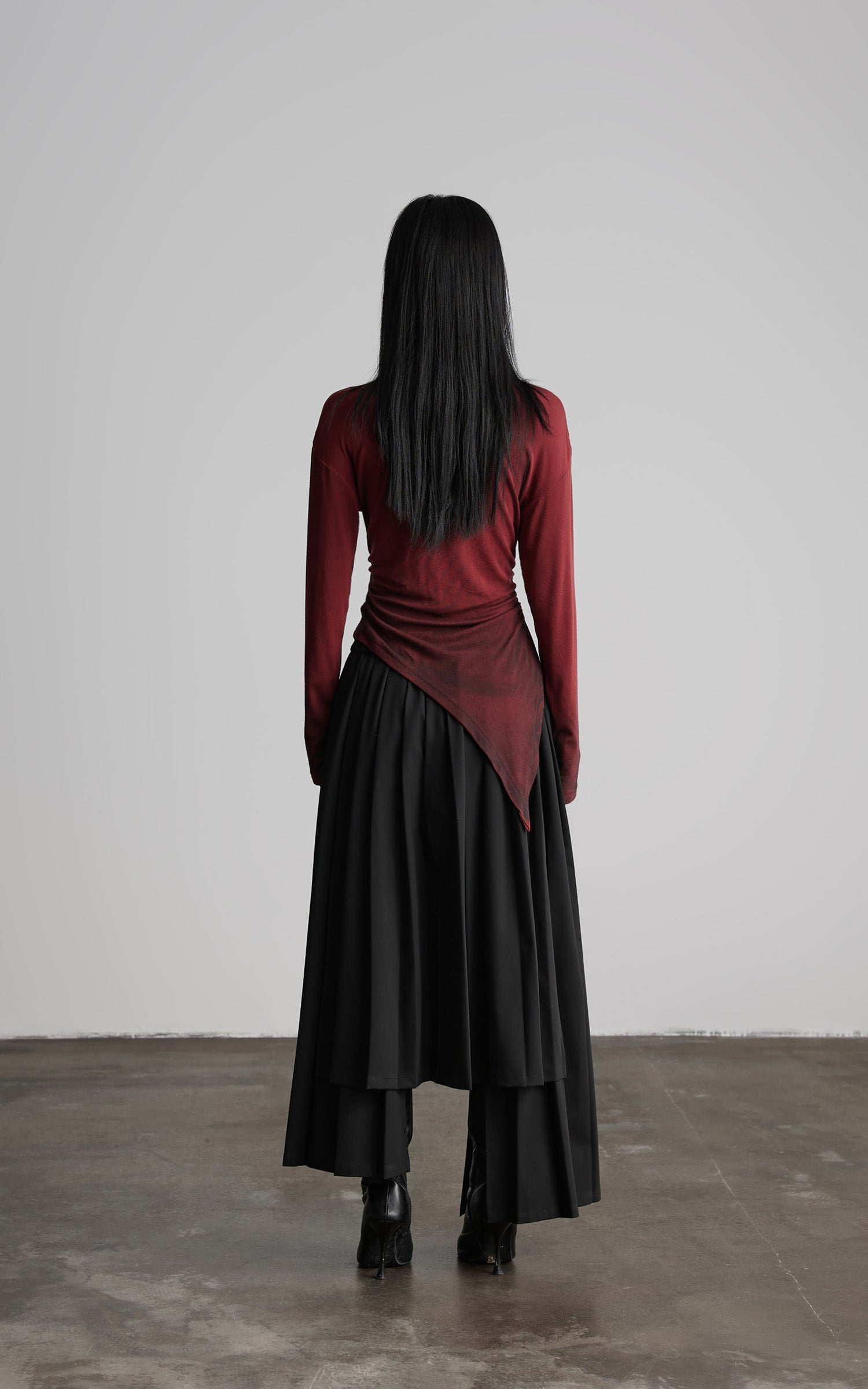 DOINDULGE Asymmetric Draped Long Sleeve Top with Ombre Dye and Stud Detail