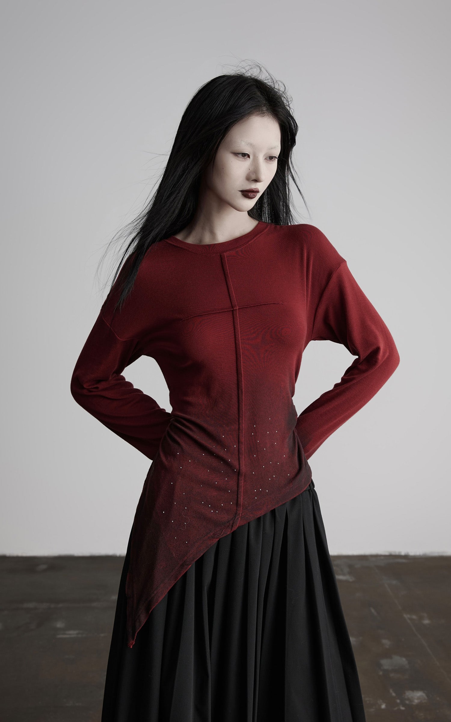 DOINDULGE Asymmetric Draped Long Sleeve Top with Ombre Dye and Stud Detail
