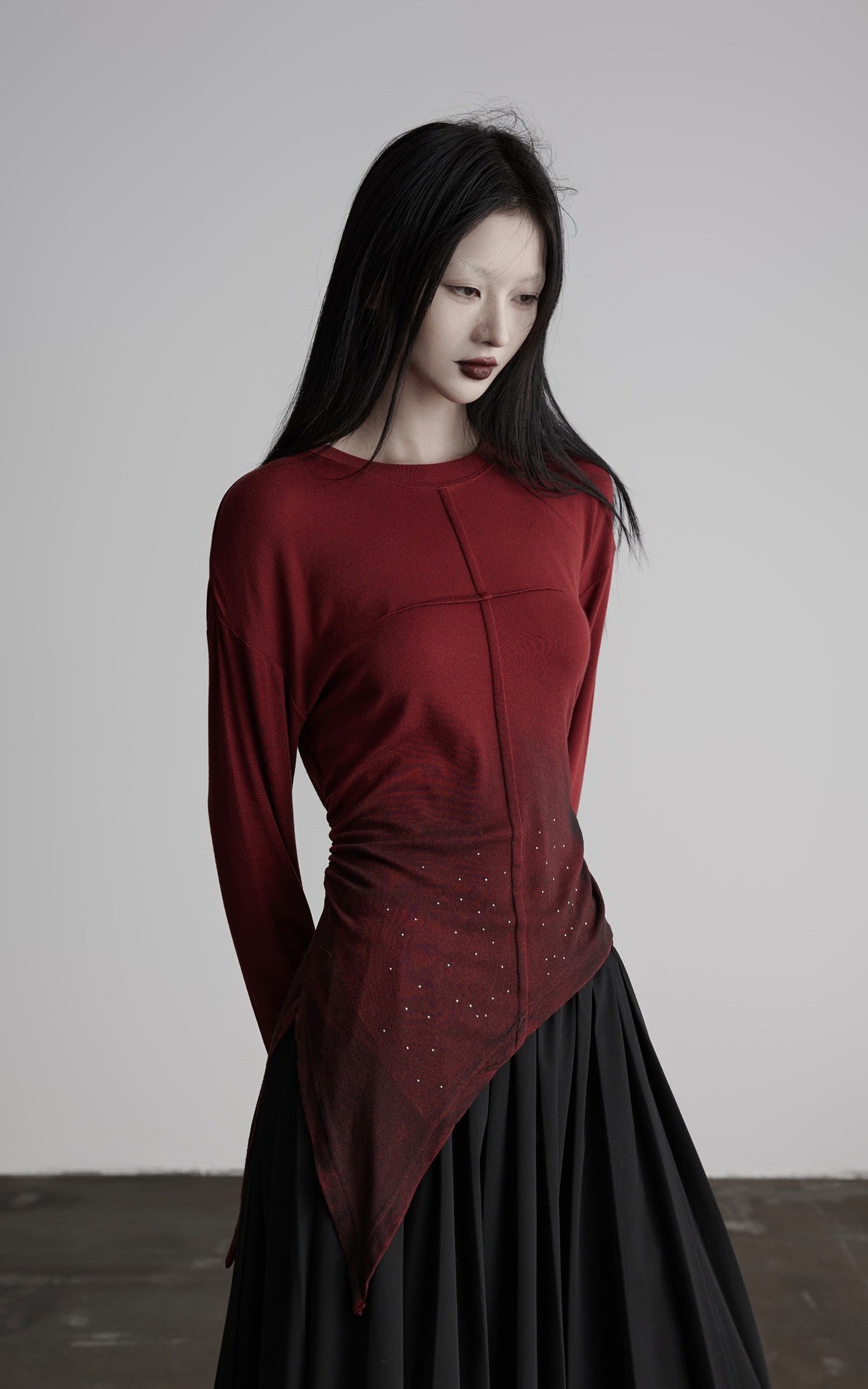 DOINDULGE Asymmetric Draped Long Sleeve Top with Ombre Dye and Stud Detail