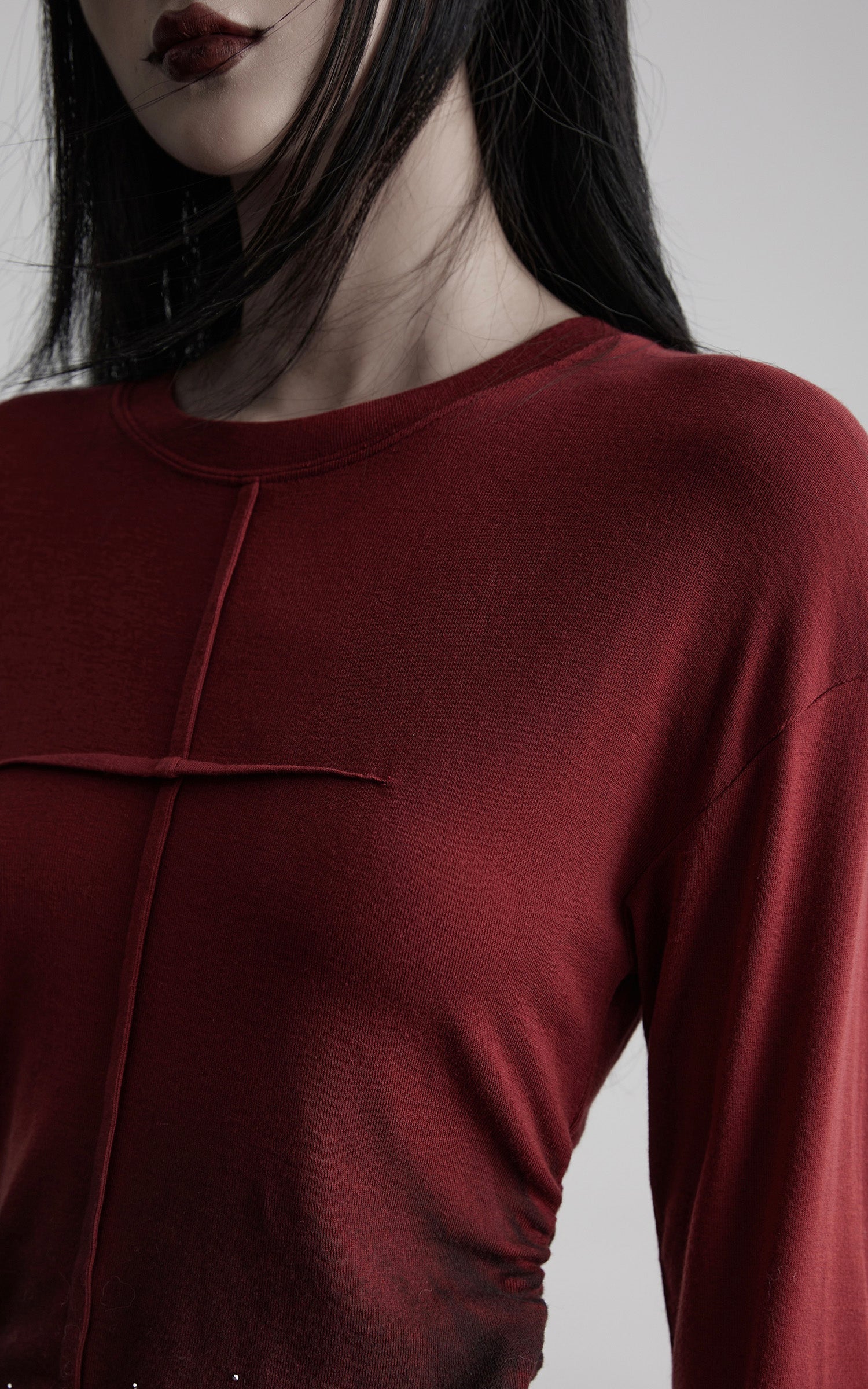 DOINDULGE Asymmetric Draped Long Sleeve Top with Ombre Dye and Stud Detail