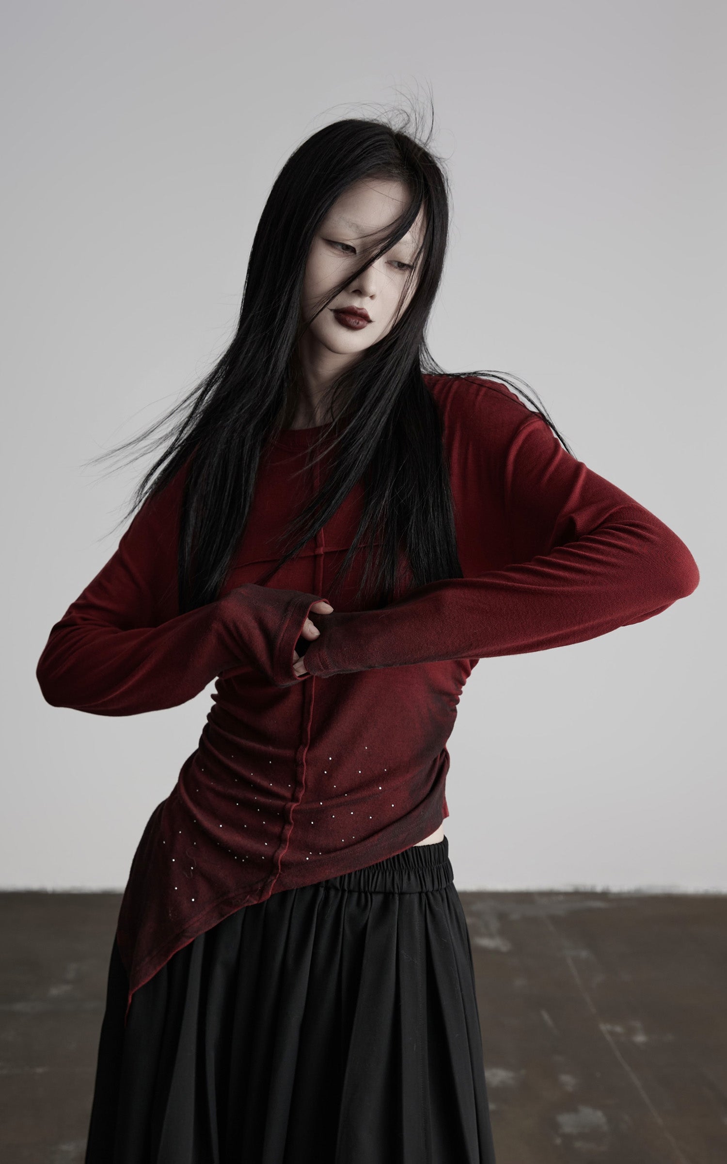 DOINDULGE Asymmetric Draped Long Sleeve Top with Ombre Dye and Stud Detail