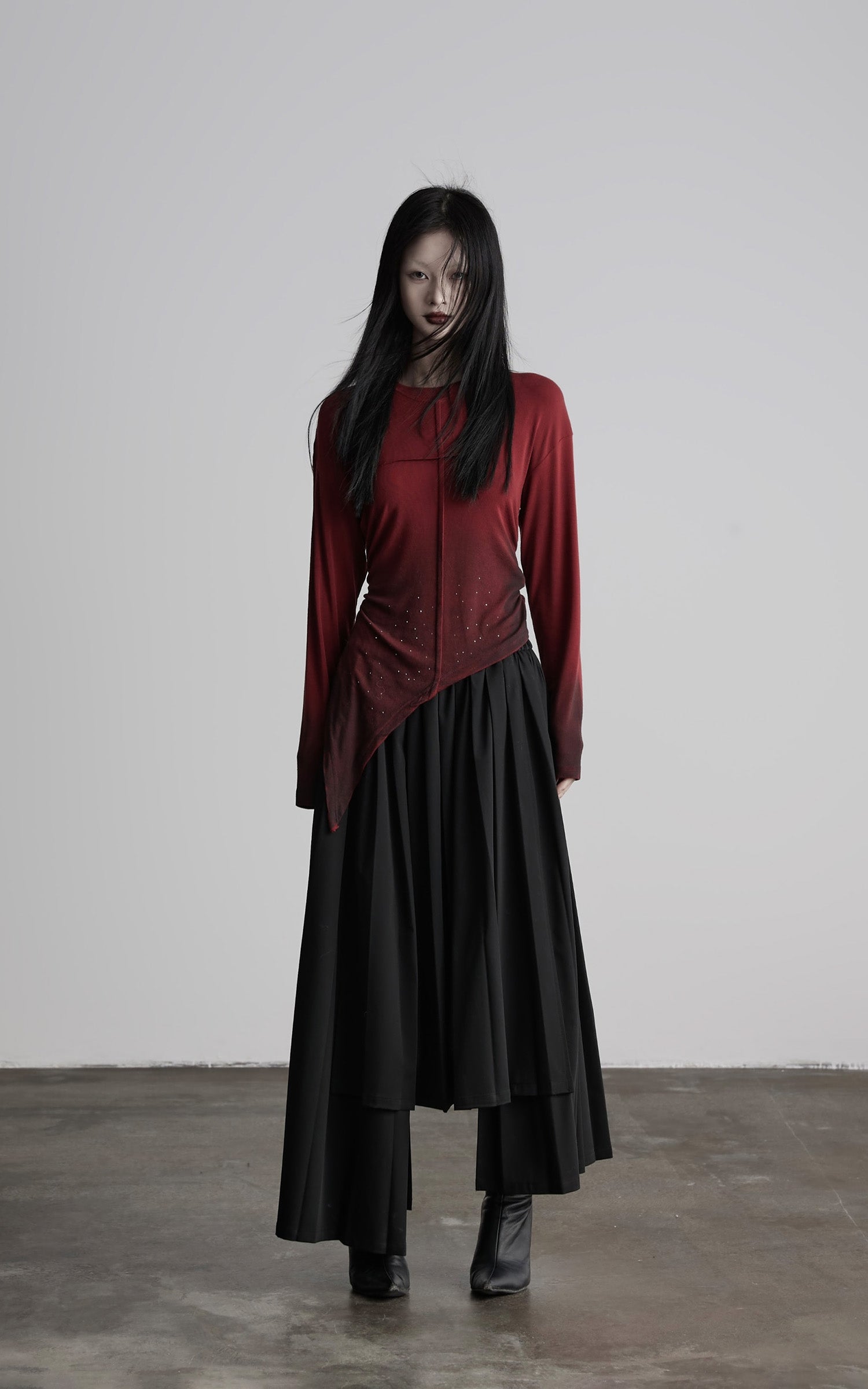 DOINDULGE Asymmetric Draped Long Sleeve Top with Ombre Dye and Stud Detail