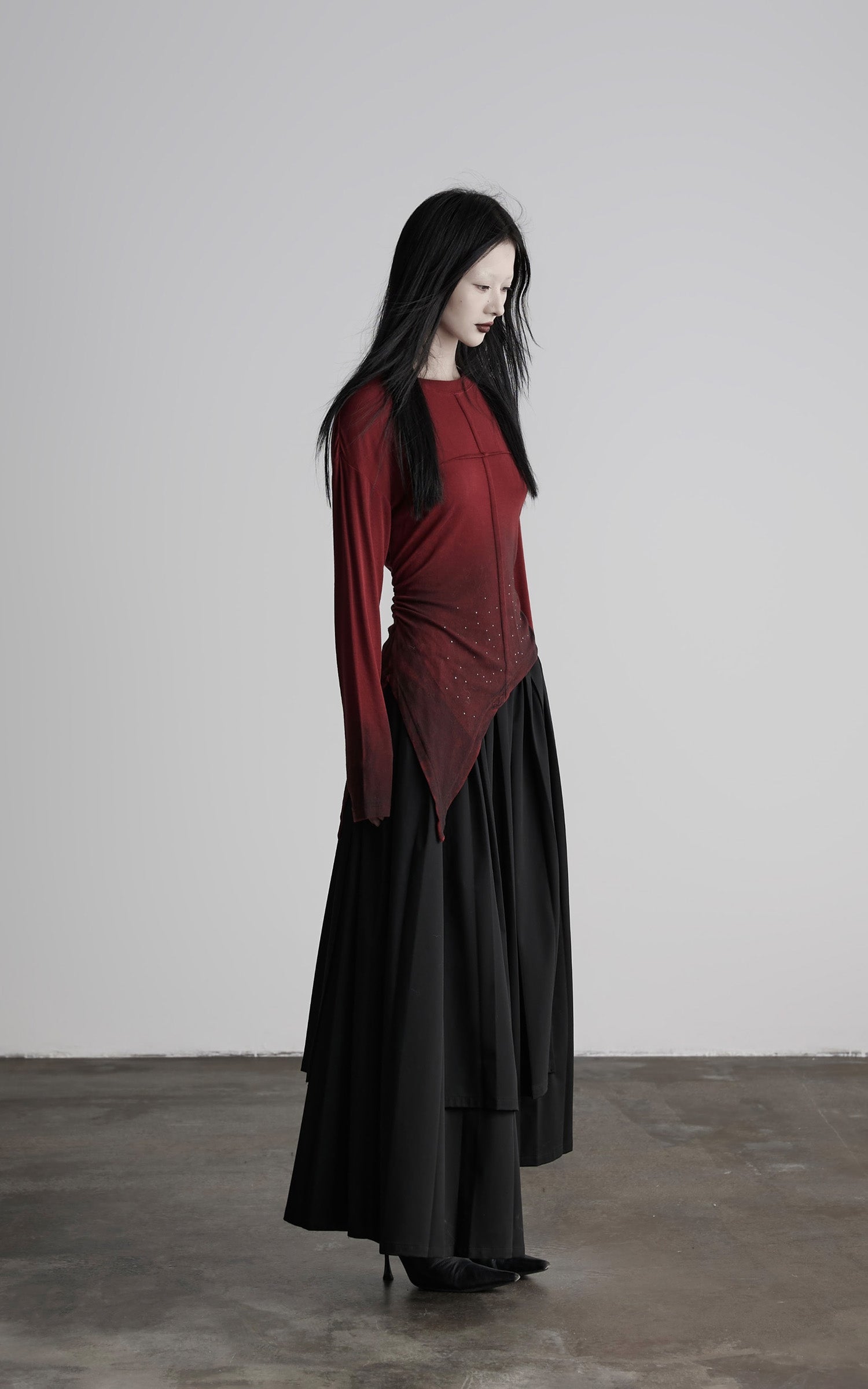 DOINDULGE Asymmetric Draped Long Sleeve Top with Ombre Dye and Stud Detail