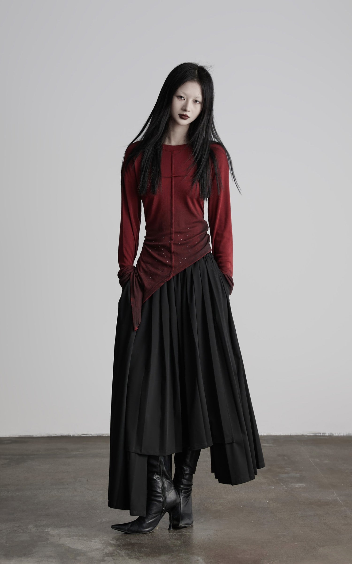 DOINDULGE Asymmetric Draped Long Sleeve Top with Ombre Dye and Stud Detail