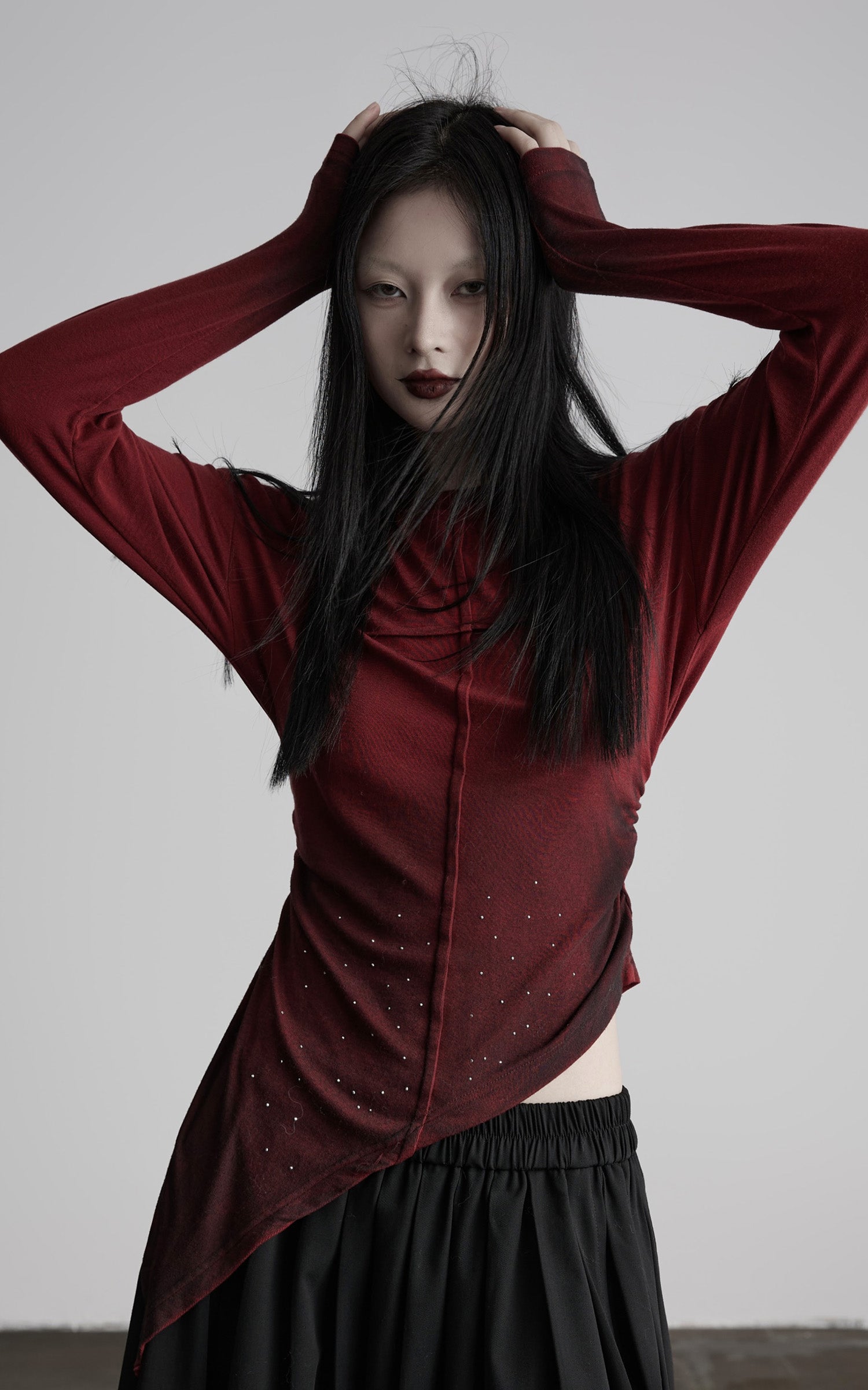 DOINDULGE Asymmetric Draped Long Sleeve Top with Ombre Dye and Stud Detail