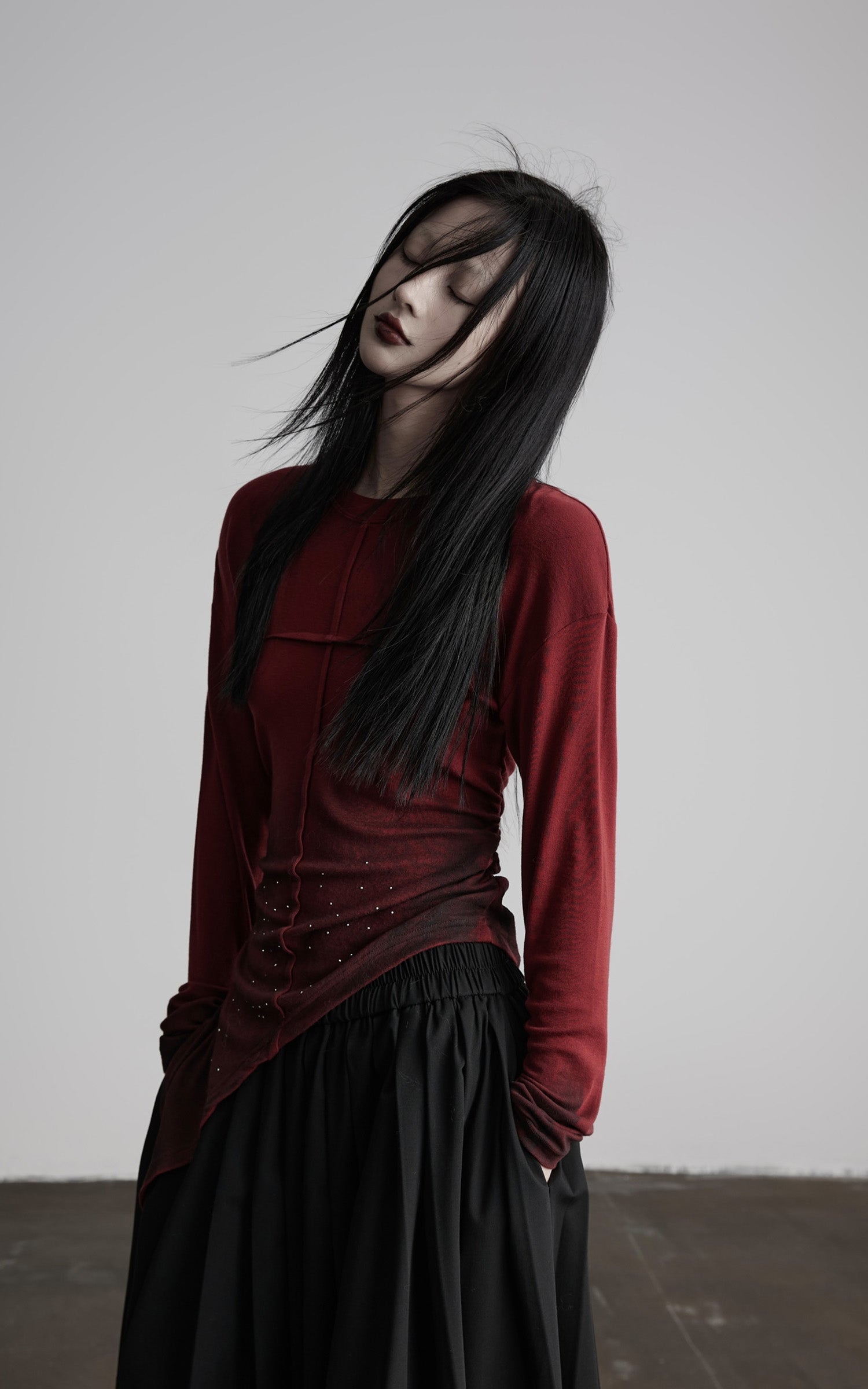 DOINDULGE Asymmetric Draped Long Sleeve Top with Ombre Dye and Stud Detail