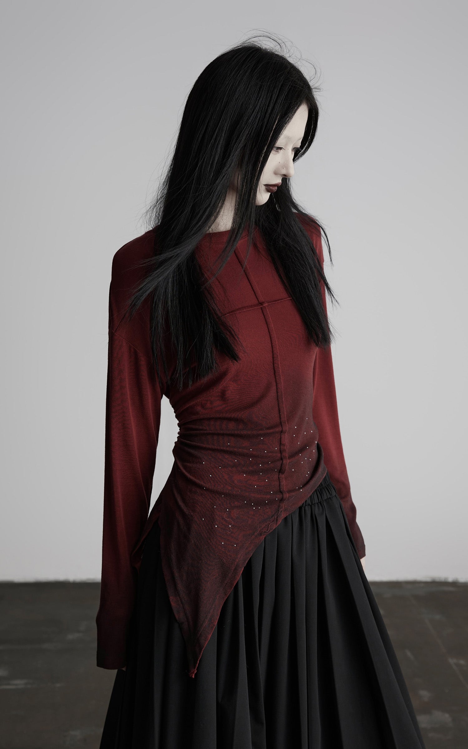 DOINDULGE Asymmetric Draped Long Sleeve Top with Ombre Dye and Stud Detail