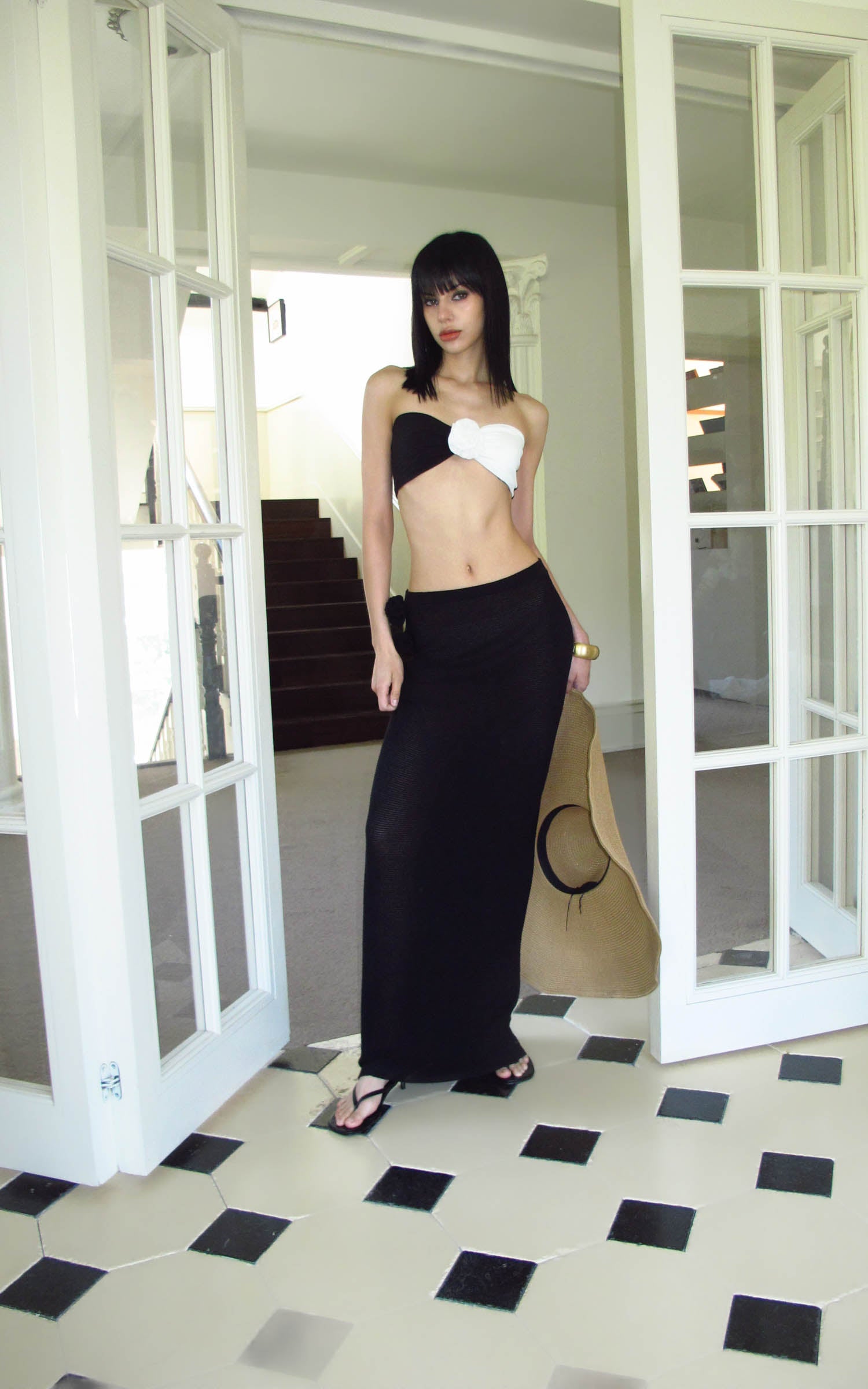 0122stepll Ensemble Bandeau Rose Contrasté &amp; Jupe Longue