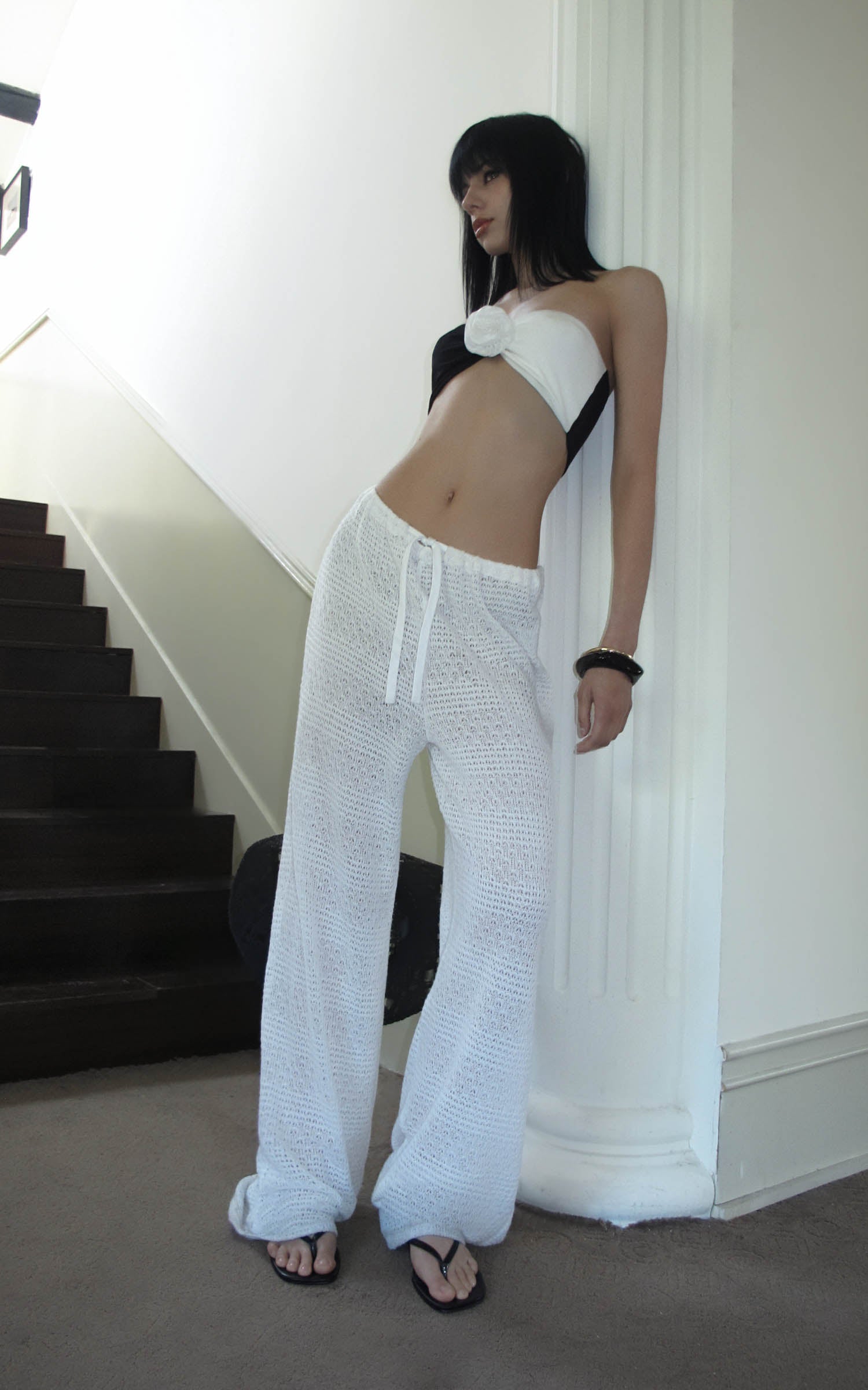 0122stepll Sheer Knit Drawstring Wide-Leg Pants