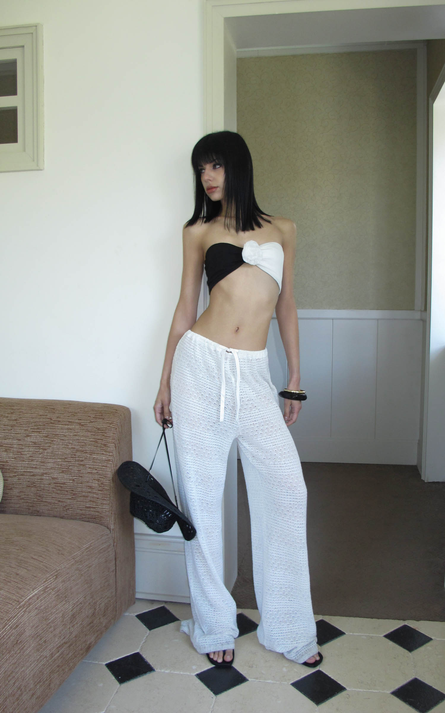 0122stepll Sheer Knit Drawstring Wide-Leg Pants