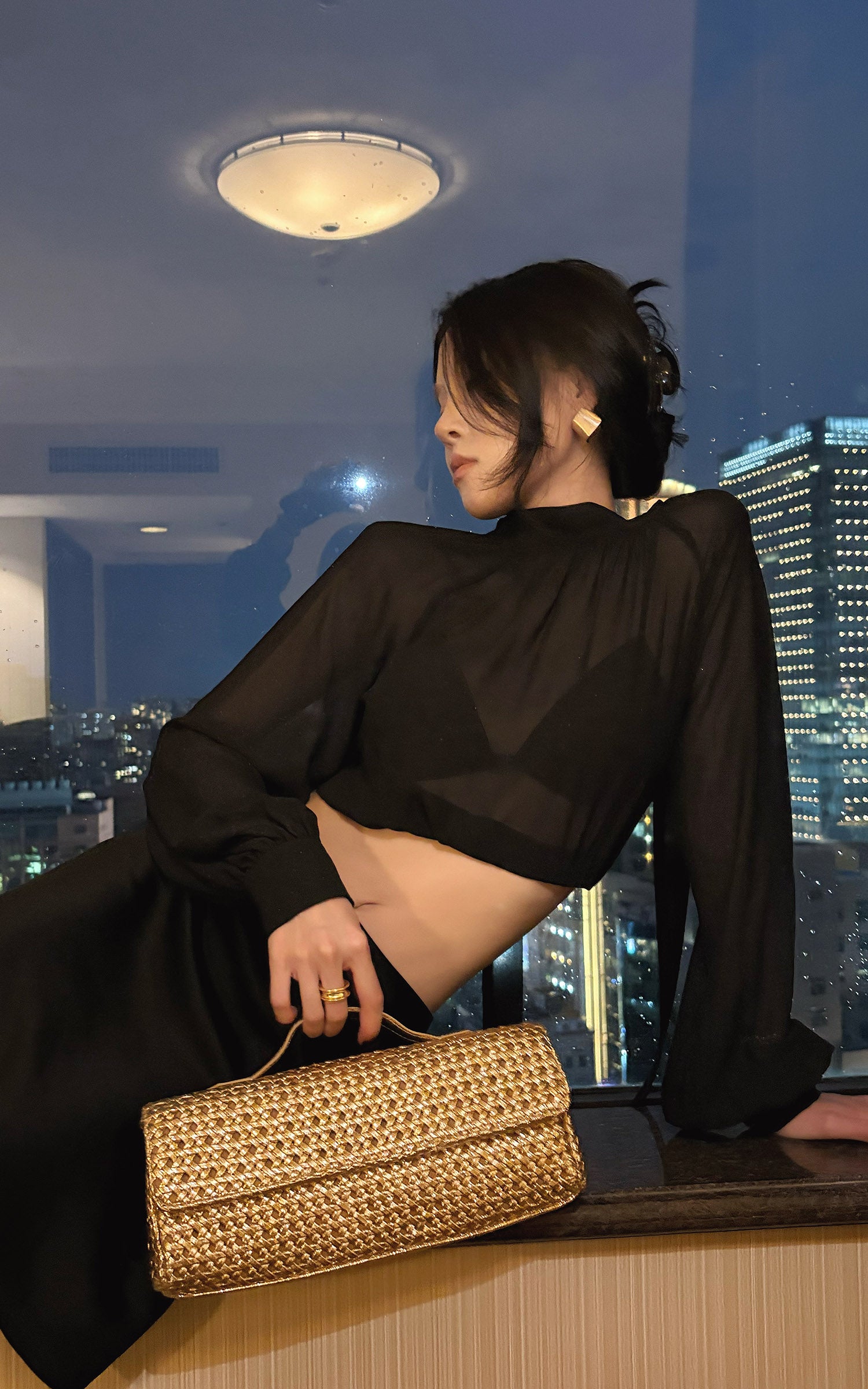 Hydrae Sheer Glitter High-Neck Draped Balloon-Sleeve Cropped Blouse