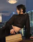 Hydrae Sheer Glitter High-Neck Draped Balloon-Sleeve Cropped Blouse