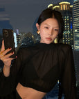 Hydrae Sheer Glitter High-Neck Draped Balloon-Sleeve Cropped Blouse