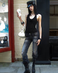 0122stepll Washed Black Flare Denim Pants