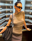 0122stepll Draped Ruched Slim Fit Top