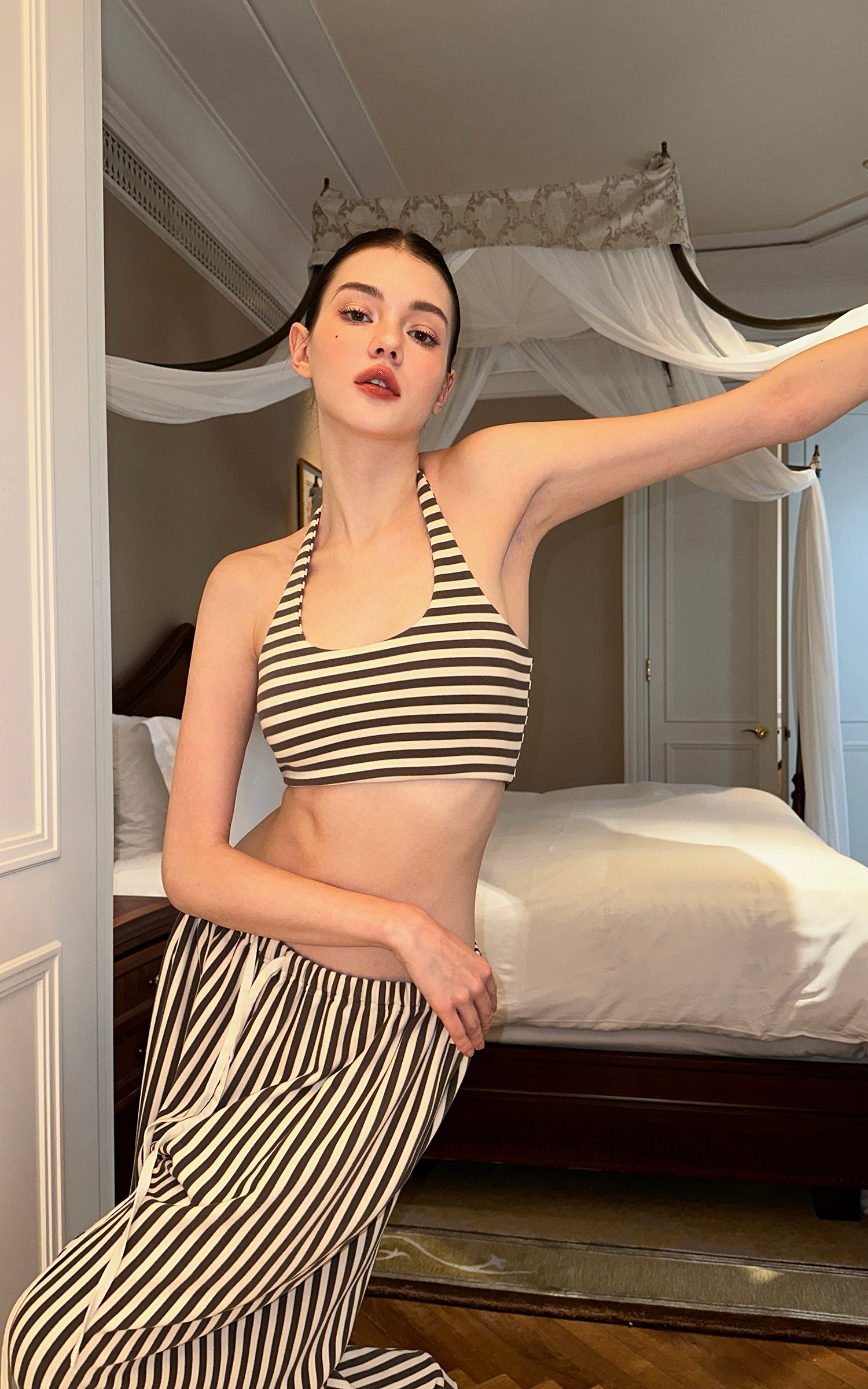 0122stepll Stripe Halter Top &amp; Wide Leg Pants Set