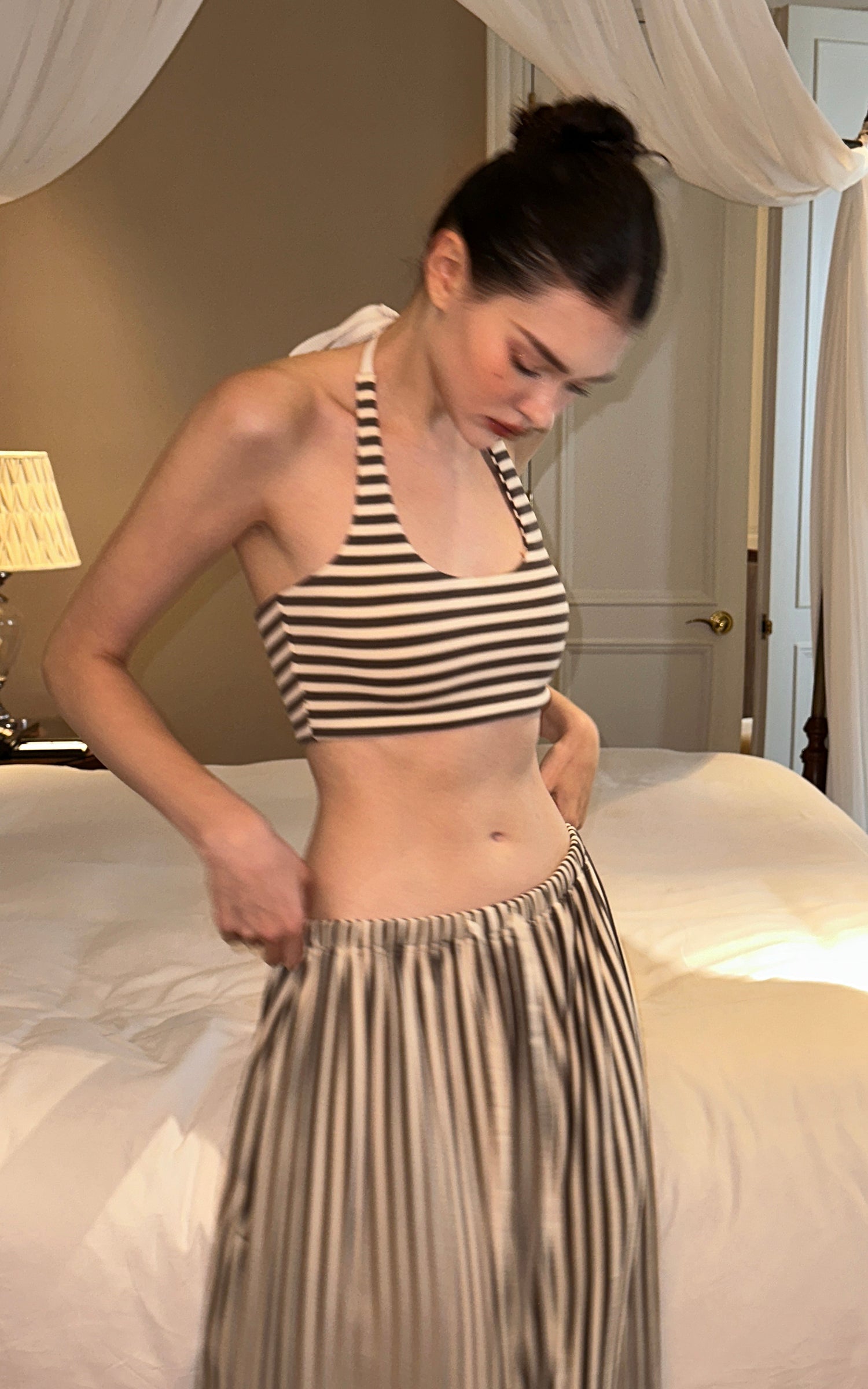 0122stepll Stripe Halter Top &amp; Wide Leg Pants Set