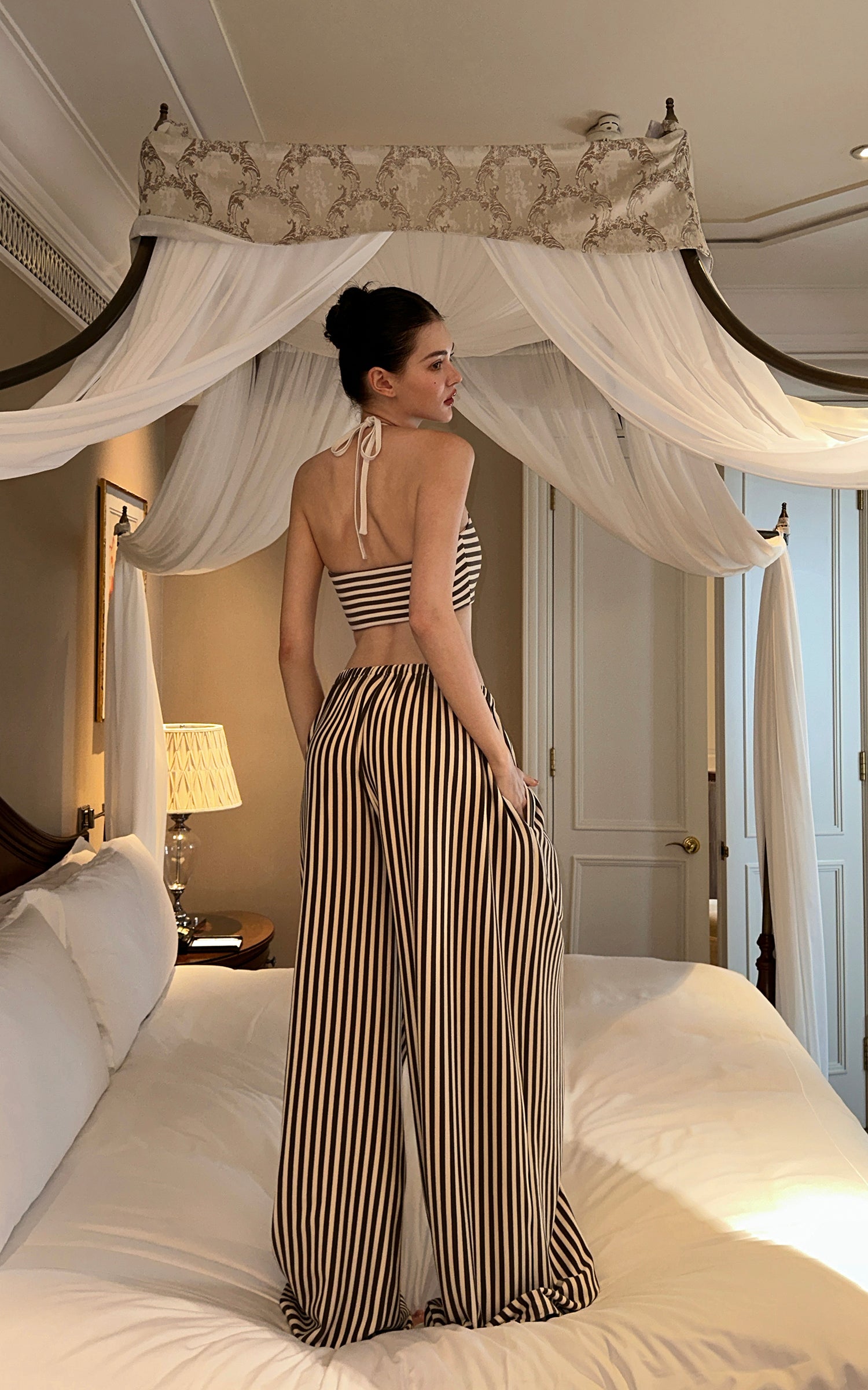0122stepll Stripe Halter Top &amp; Wide Leg Pants Set
