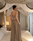 0122stepll Stripe Halter Top & Wide Leg Pants Set