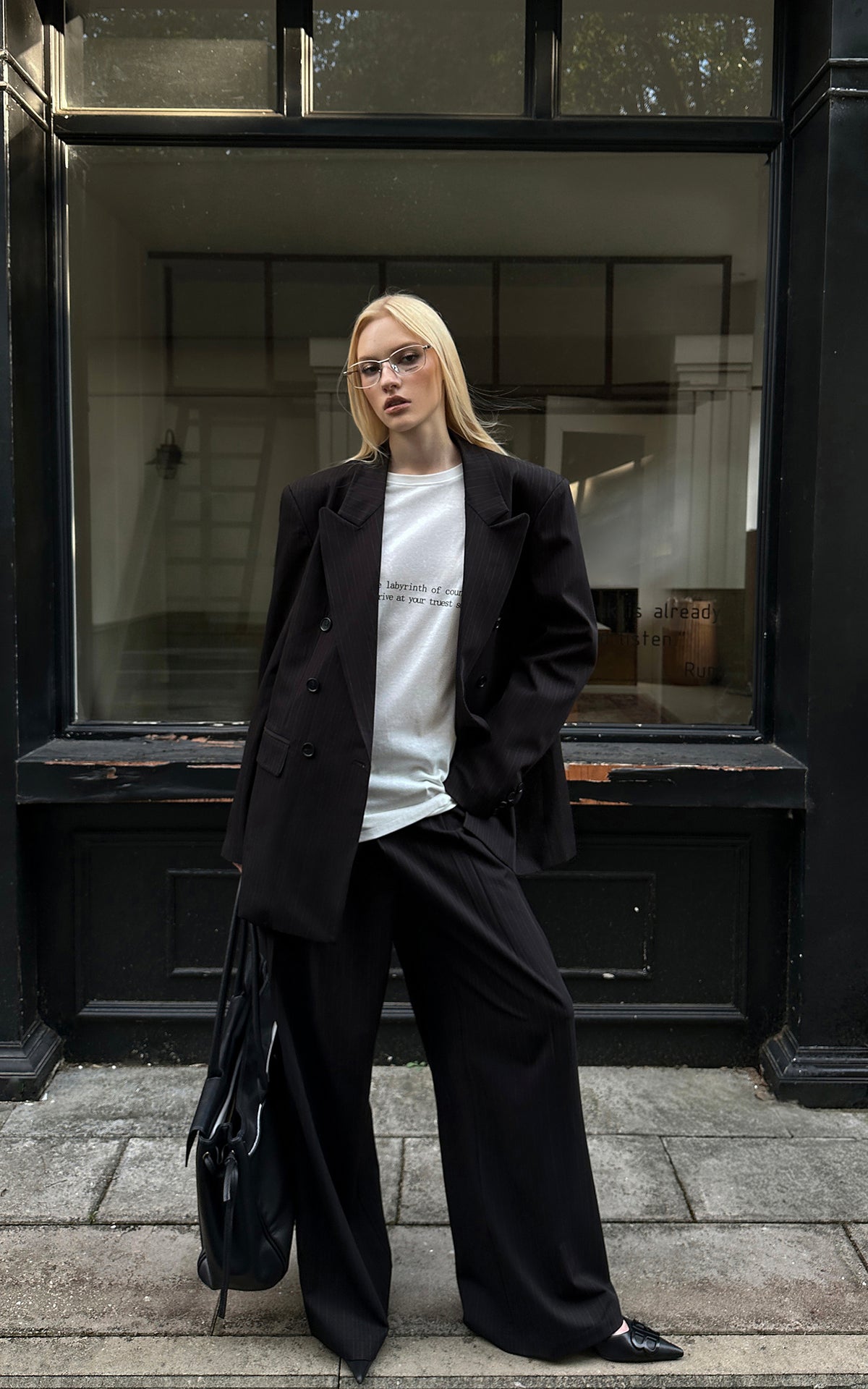0122stepll Oversized Pinstripe Blazer &amp; Wide-Leg Pants Set