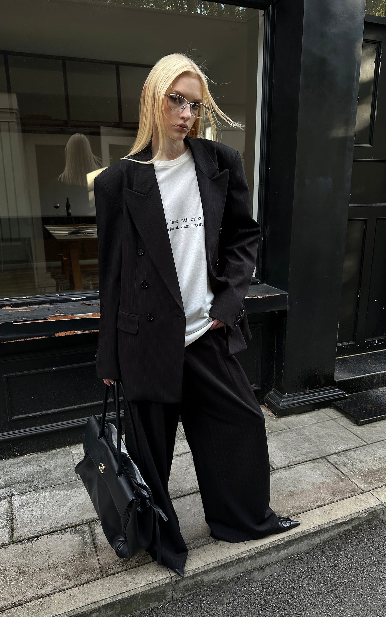0122stepll Oversized Pinstripe Blazer &amp; Wide-Leg Pants Set
