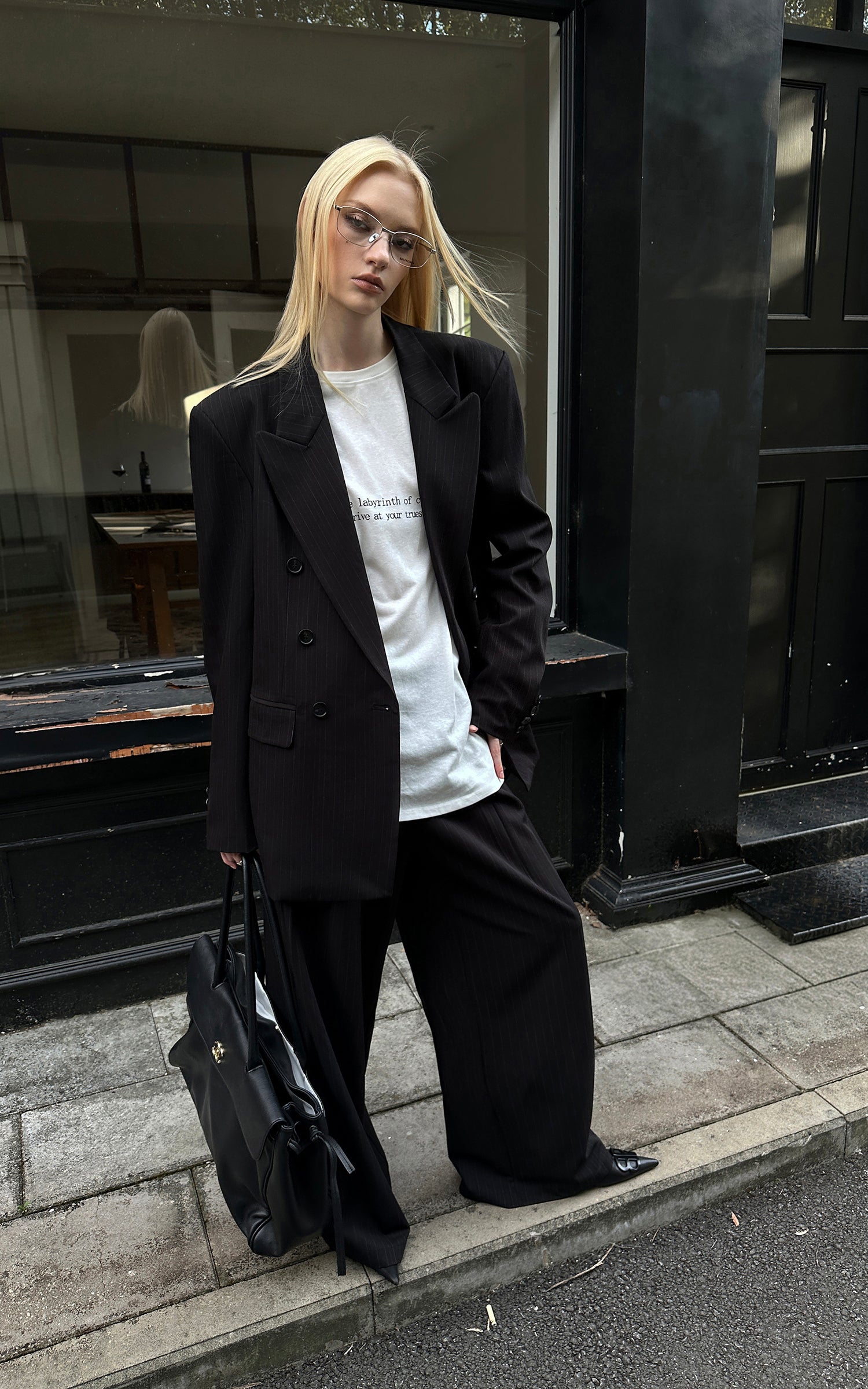 0122stepll Oversized Pinstripe Blazer &amp; Wide-Leg Pants Set