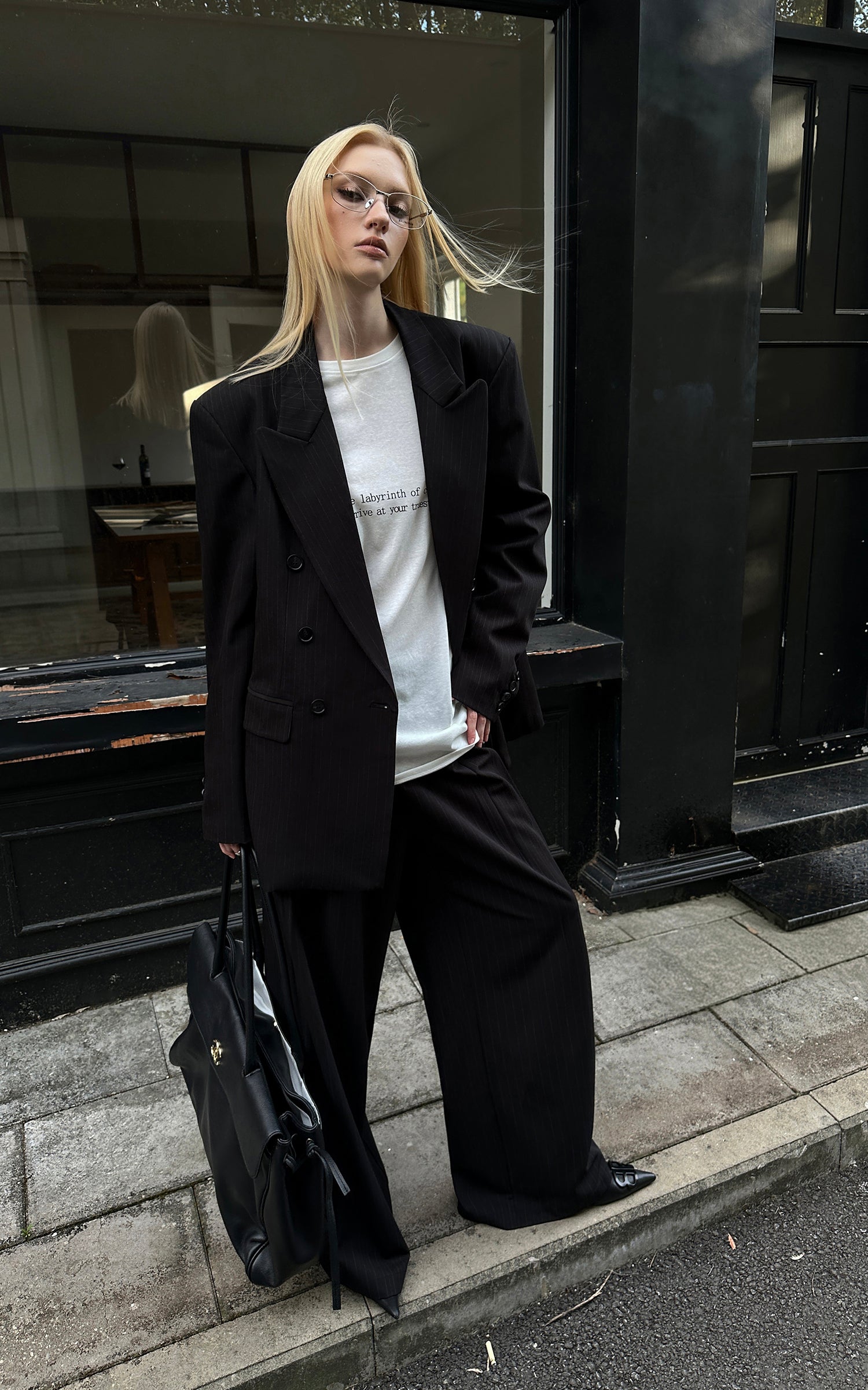 0122stepll Oversized Pinstripe Blazer &amp; Wide-Leg Pants Set