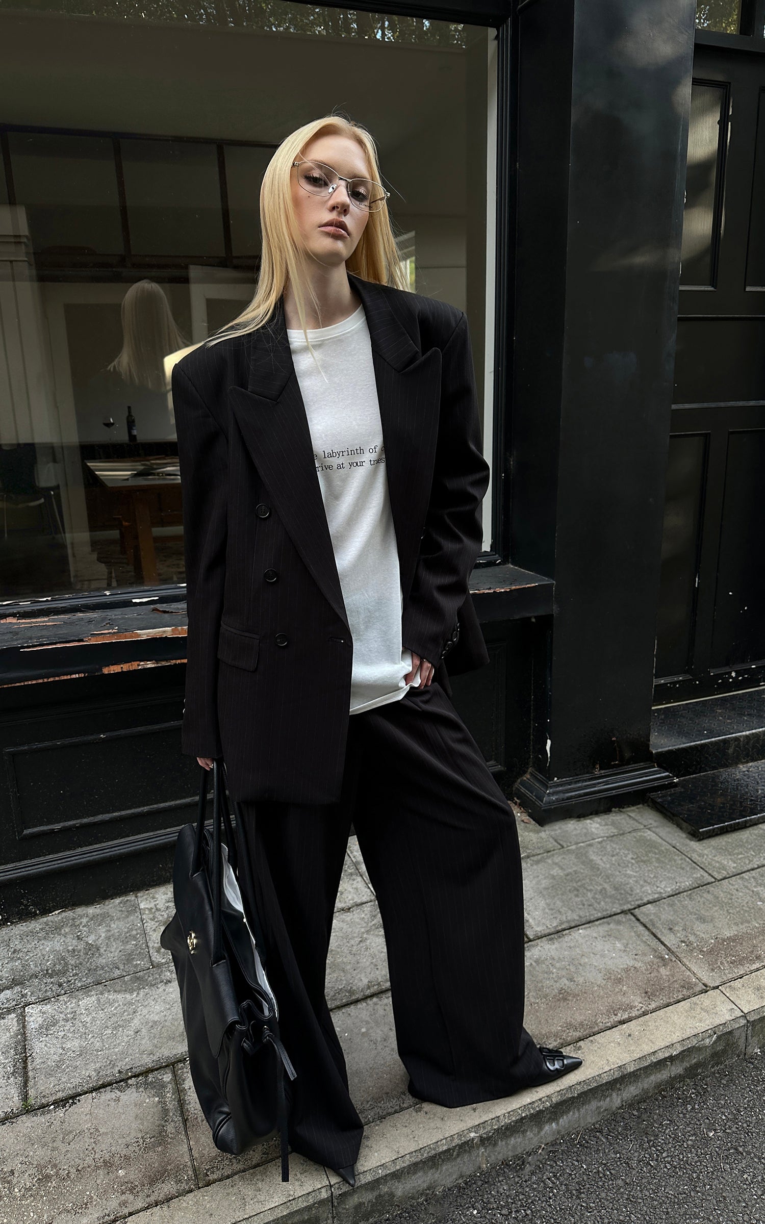 0122stepll Oversized Pinstripe Blazer &amp; Wide-Leg Pants Set