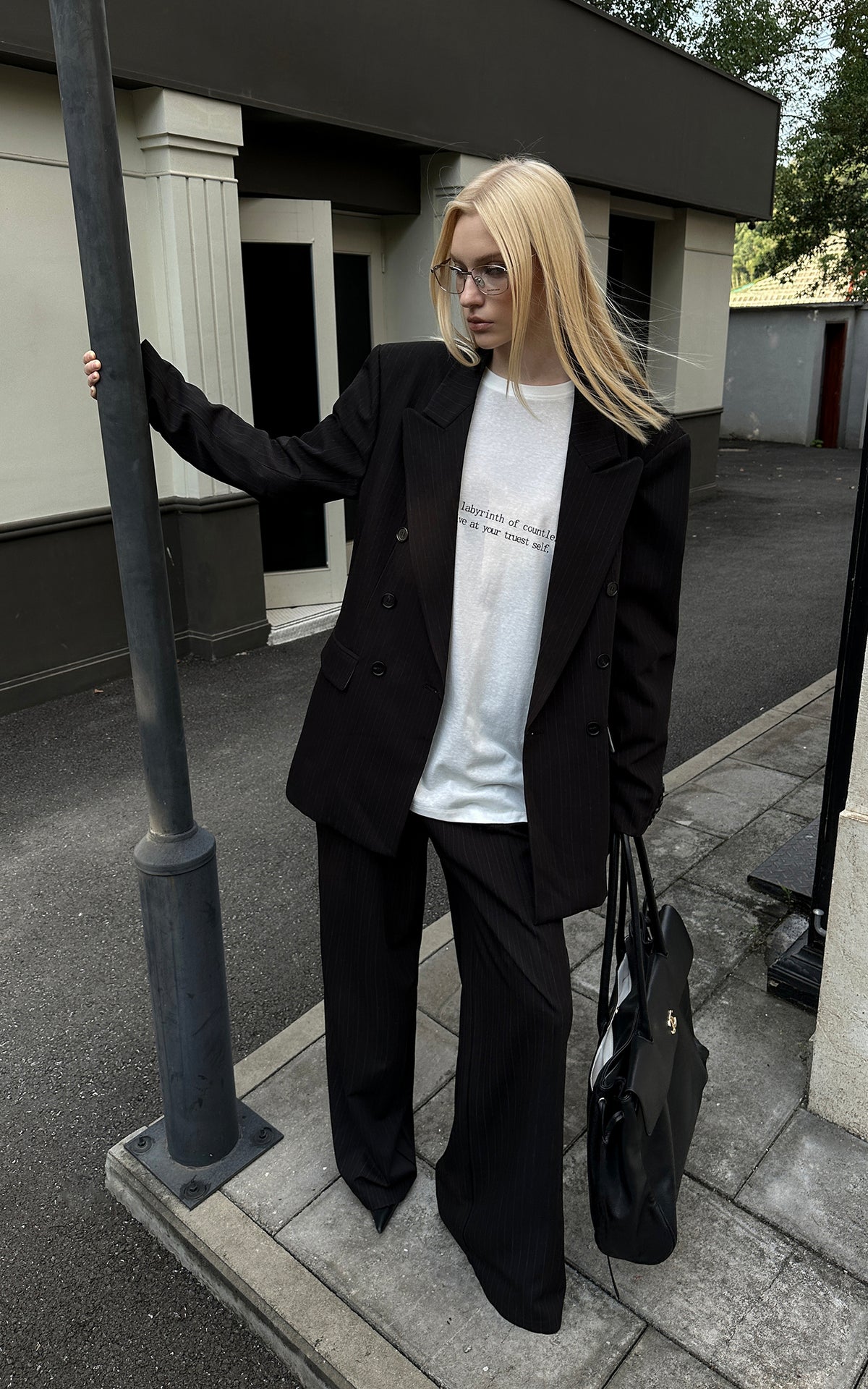 0122stepll Oversized Pinstripe Blazer &amp; Wide-Leg Pants Set