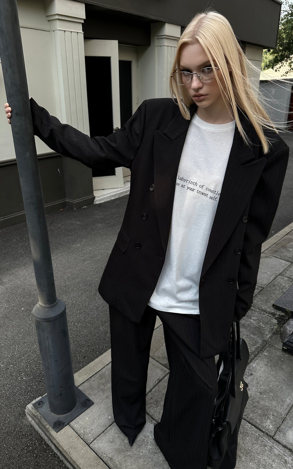 0122stepll Oversized Pinstripe Blazer &amp; Wide-Leg Pants Set