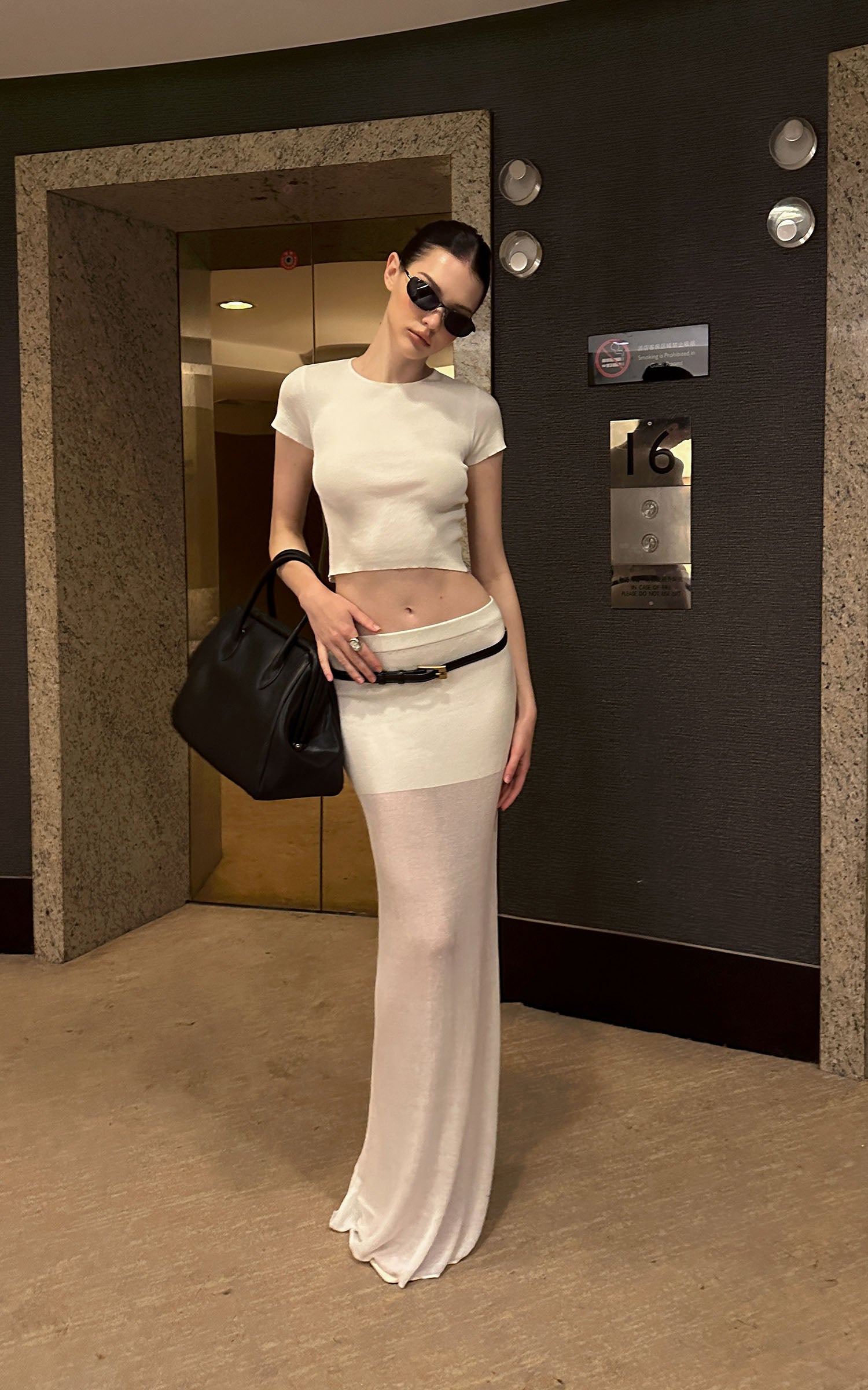 0122stepll Sheer Knit Maxi Skirt &amp; Baby Tee Set