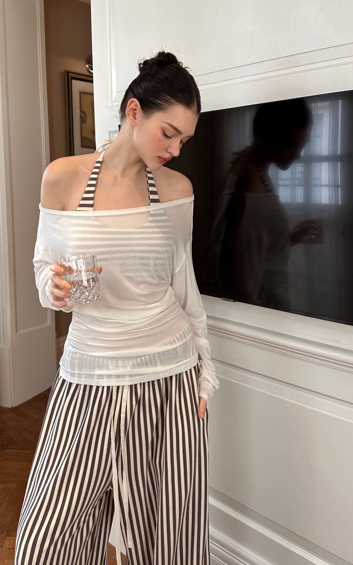 0122stepll Stripe Halter Top &amp; Wide Leg Pants Set
