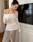 0122stepll Stripe Halter Top & Wide Leg Pants Set