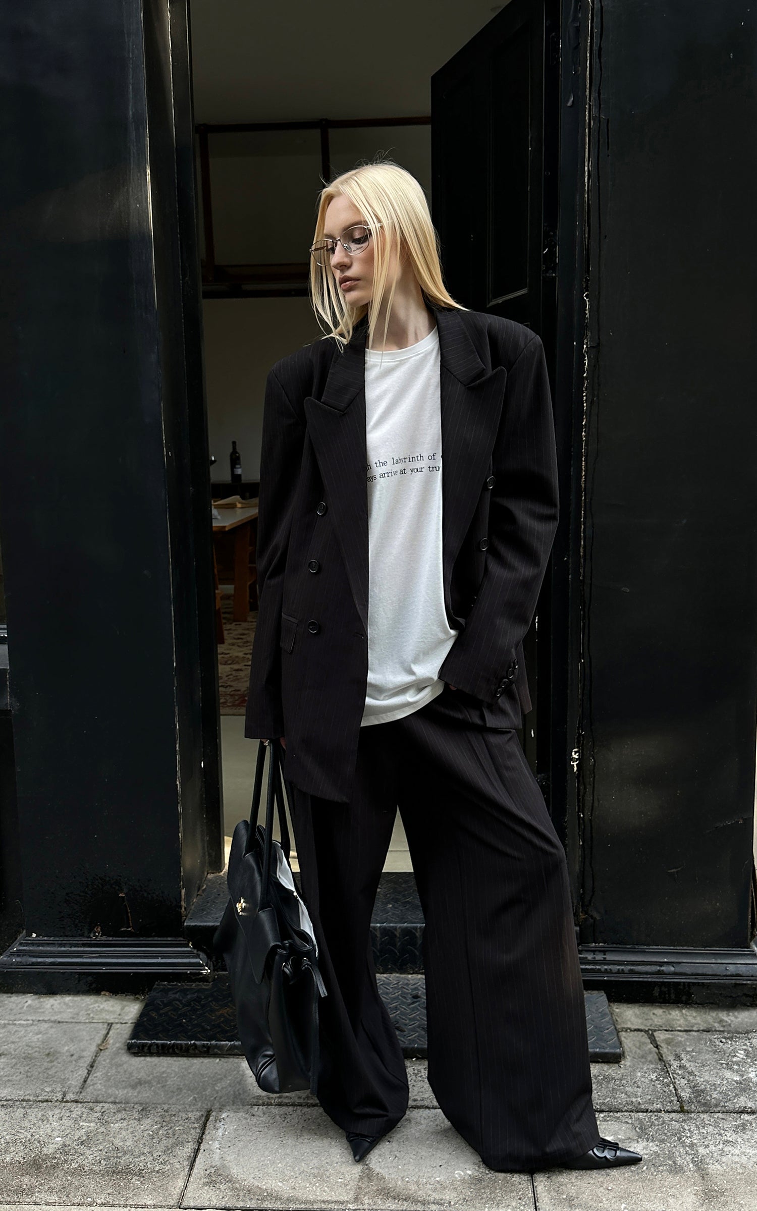 0122stepll Oversized Pinstripe Blazer &amp; Wide-Leg Pants Set