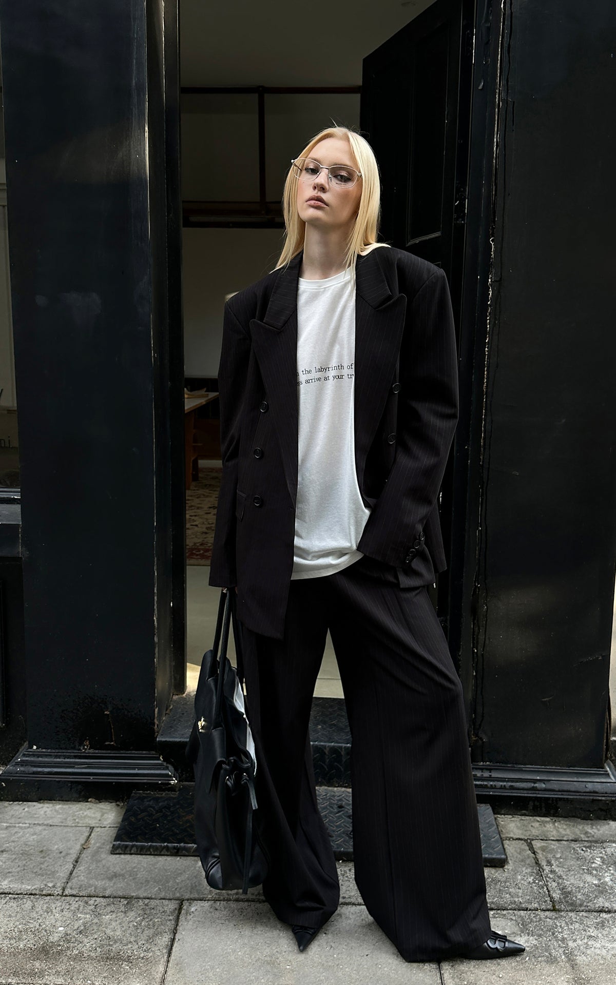 0122stepll Oversized Pinstripe Blazer &amp; Wide-Leg Pants Set