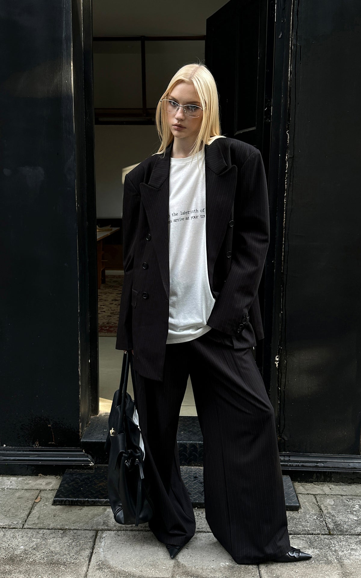 0122stepll Oversized Pinstripe Blazer &amp; Wide-Leg Pants Set