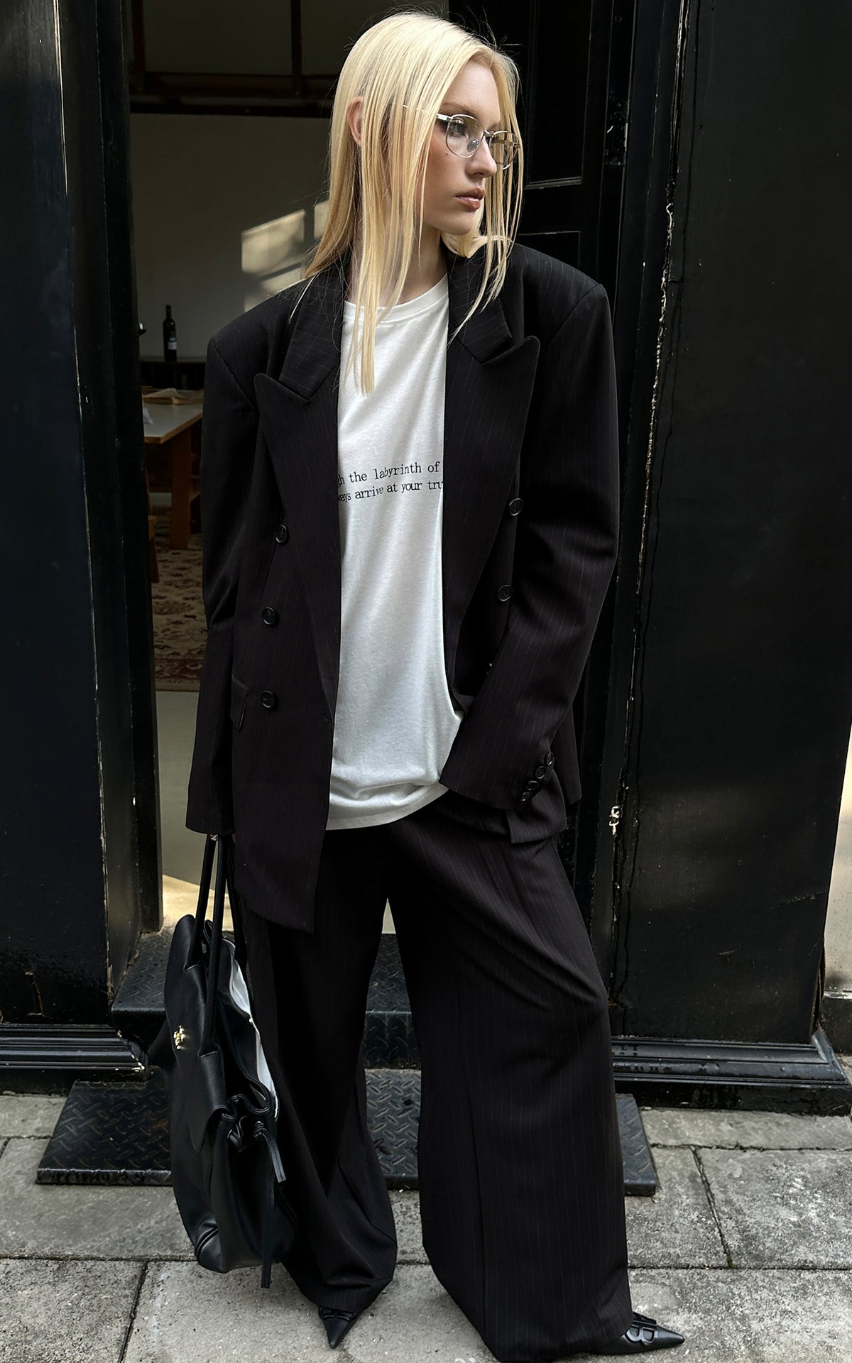 0122stepll Oversized Pinstripe Blazer &amp; Wide-Leg Pants Set