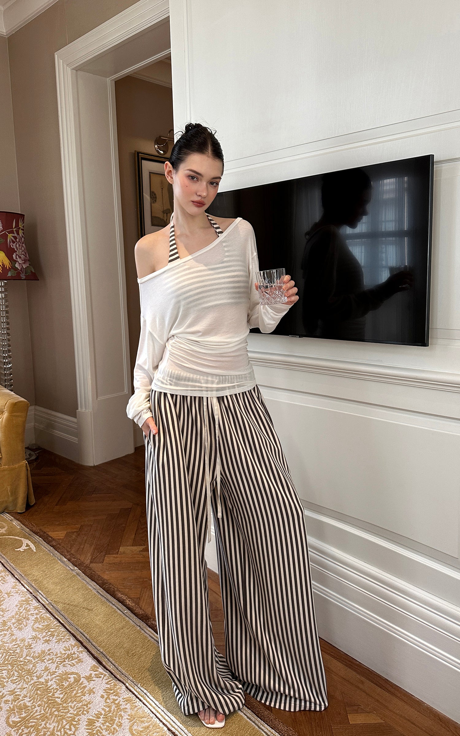 0122stepll Stripe Halter Top &amp; Wide Leg Pants Set