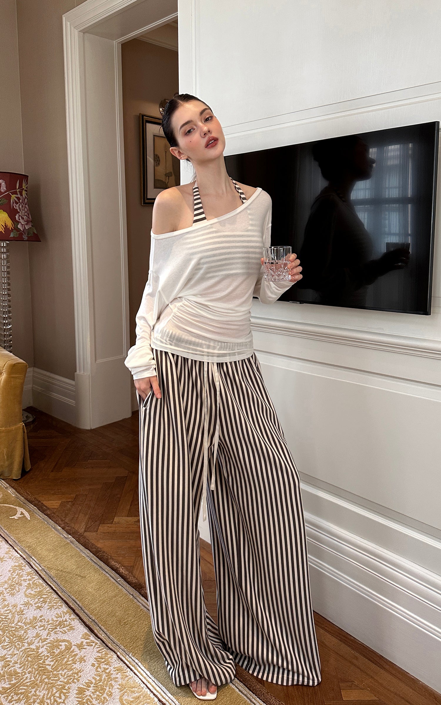 0122stepll Stripe Halter Top &amp; Wide Leg Pants Set