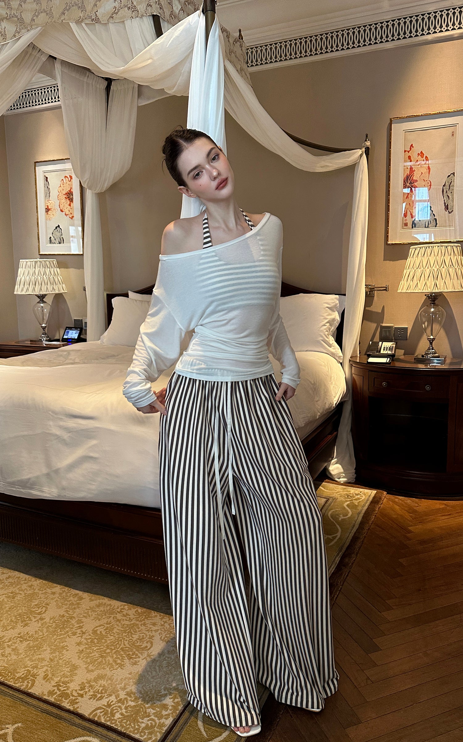 0122stepll Stripe Halter Top &amp; Wide Leg Pants Set