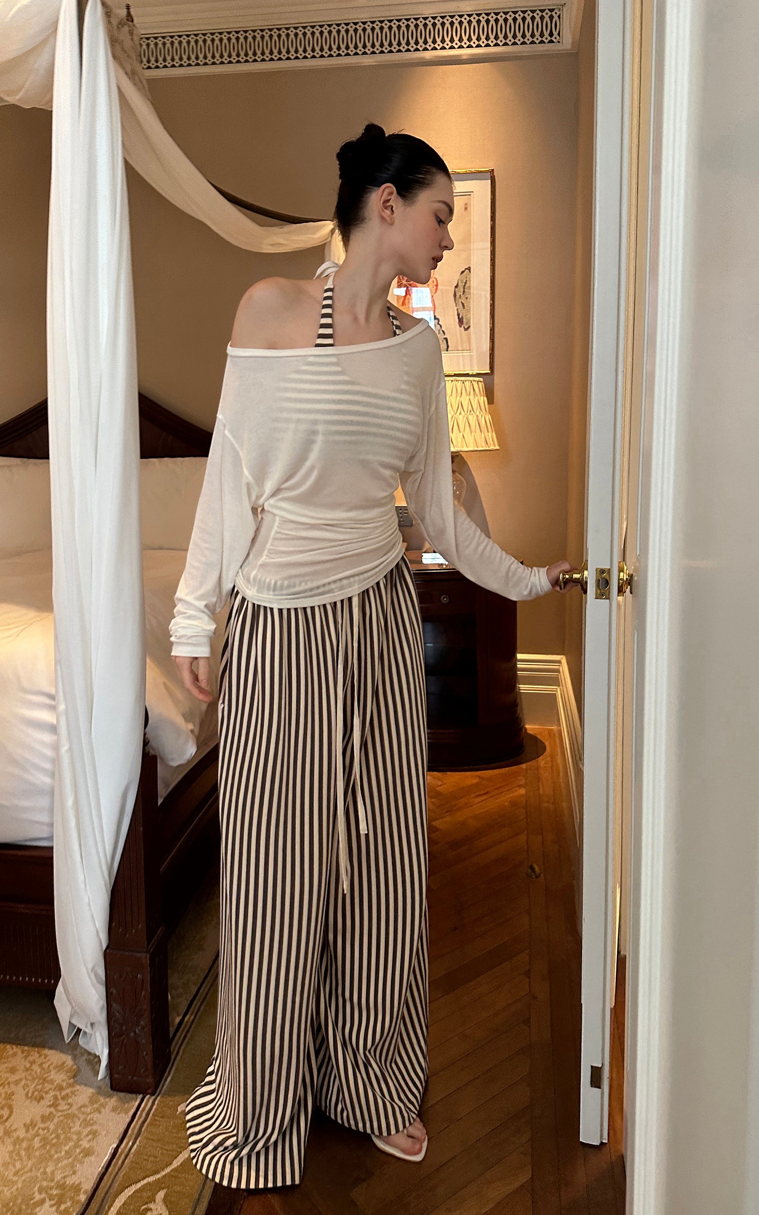 0122stepll Stripe Halter Top &amp; Wide Leg Pants Set