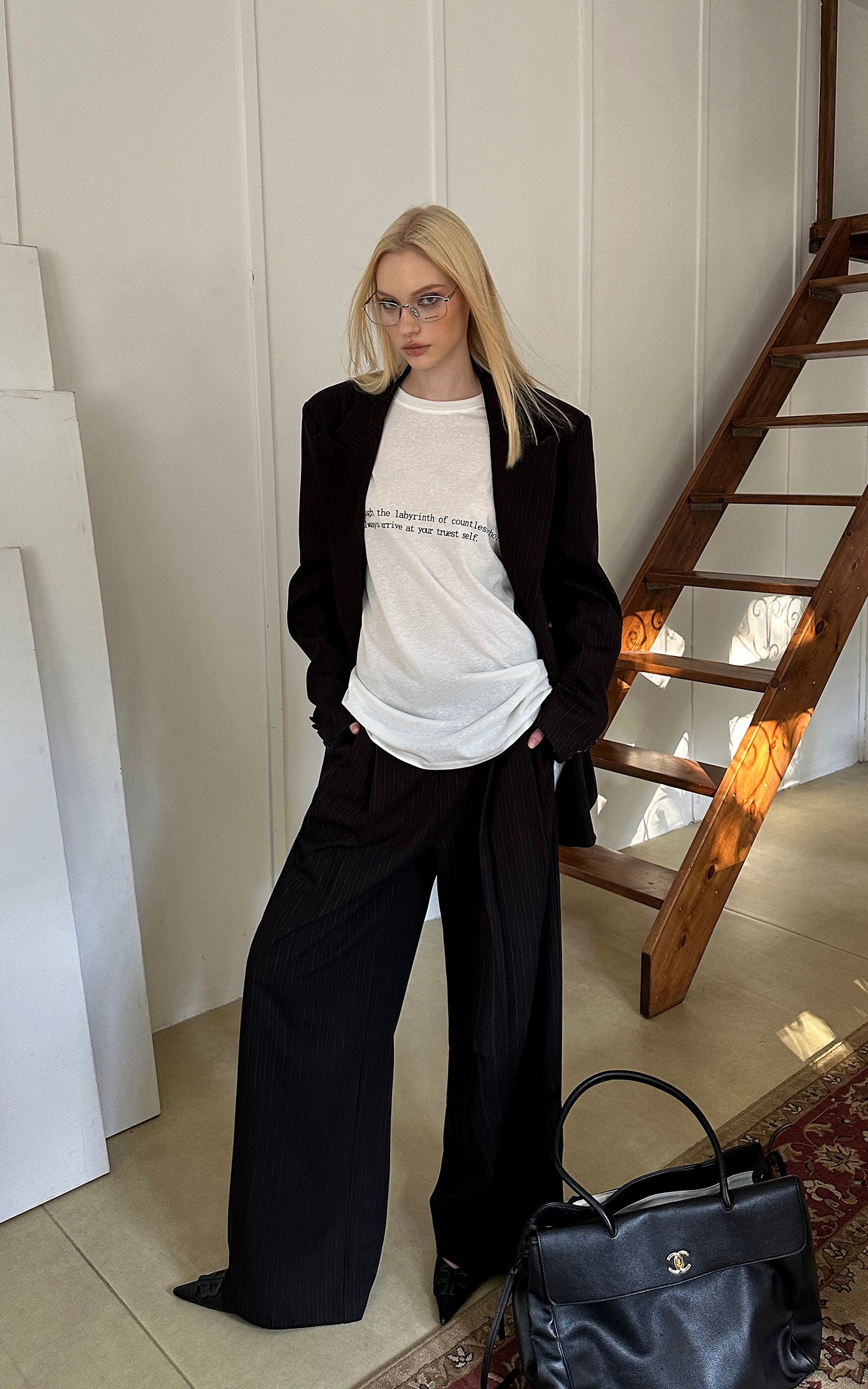 0122stepll Oversized Pinstripe Blazer &amp; Wide-Leg Pants Set